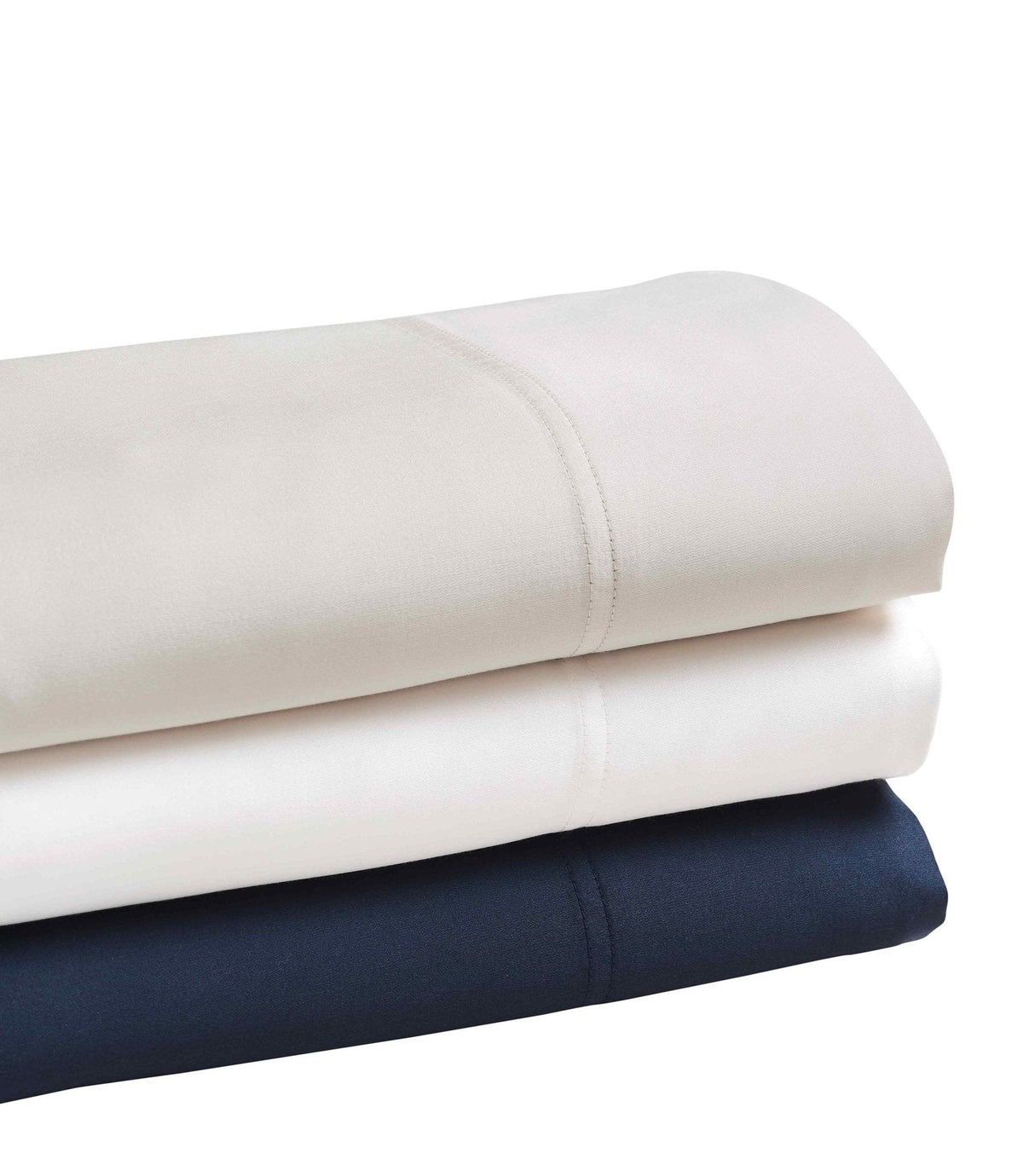 CSS-510-7284_2|Stack of smooth 100% Lyocell sheets in versatile beige, crisp white, and deep navy blue colors, luxurious comfort.