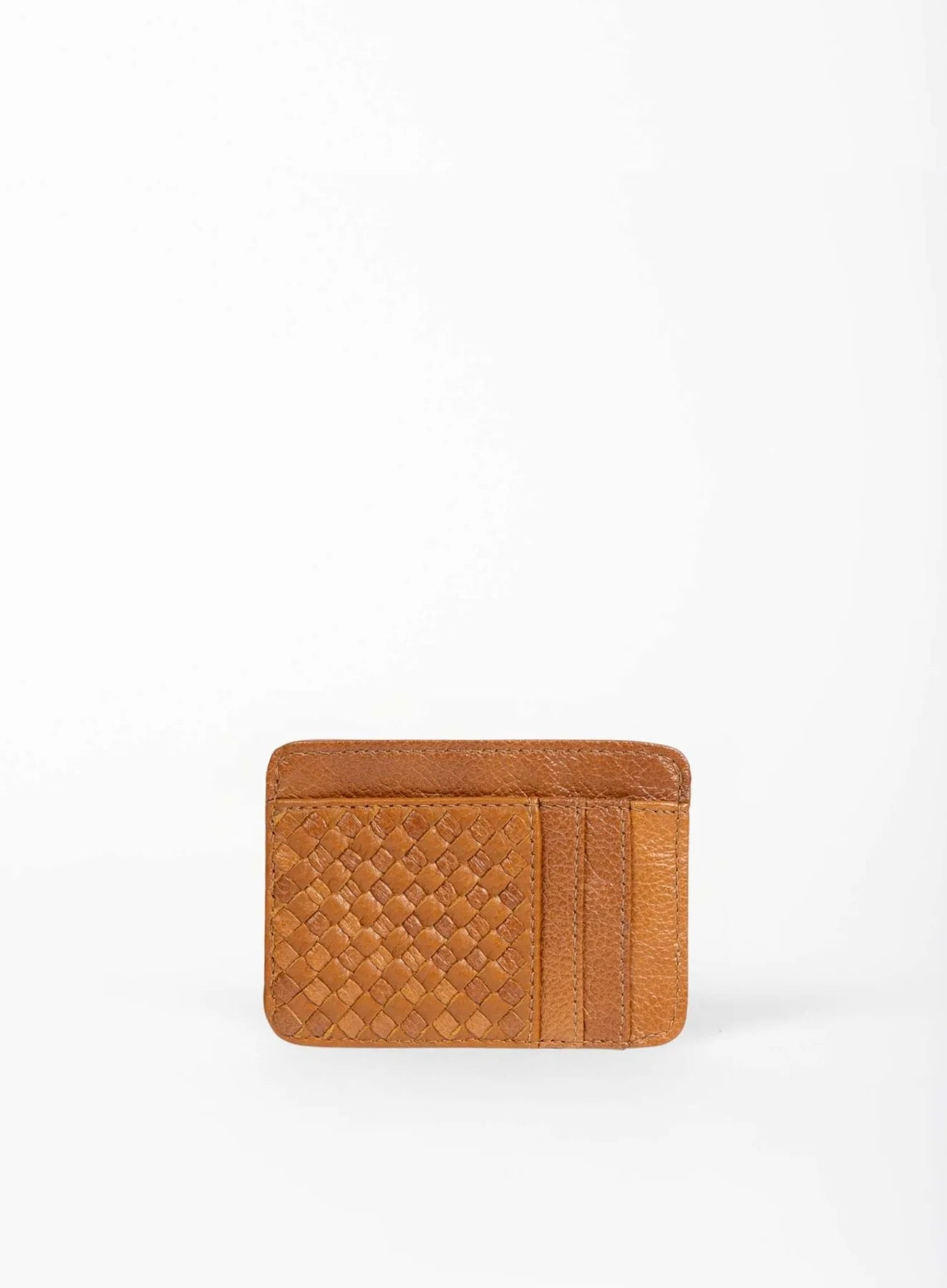 card holder in cognac color from ethically crafted accessories showcasing front view.