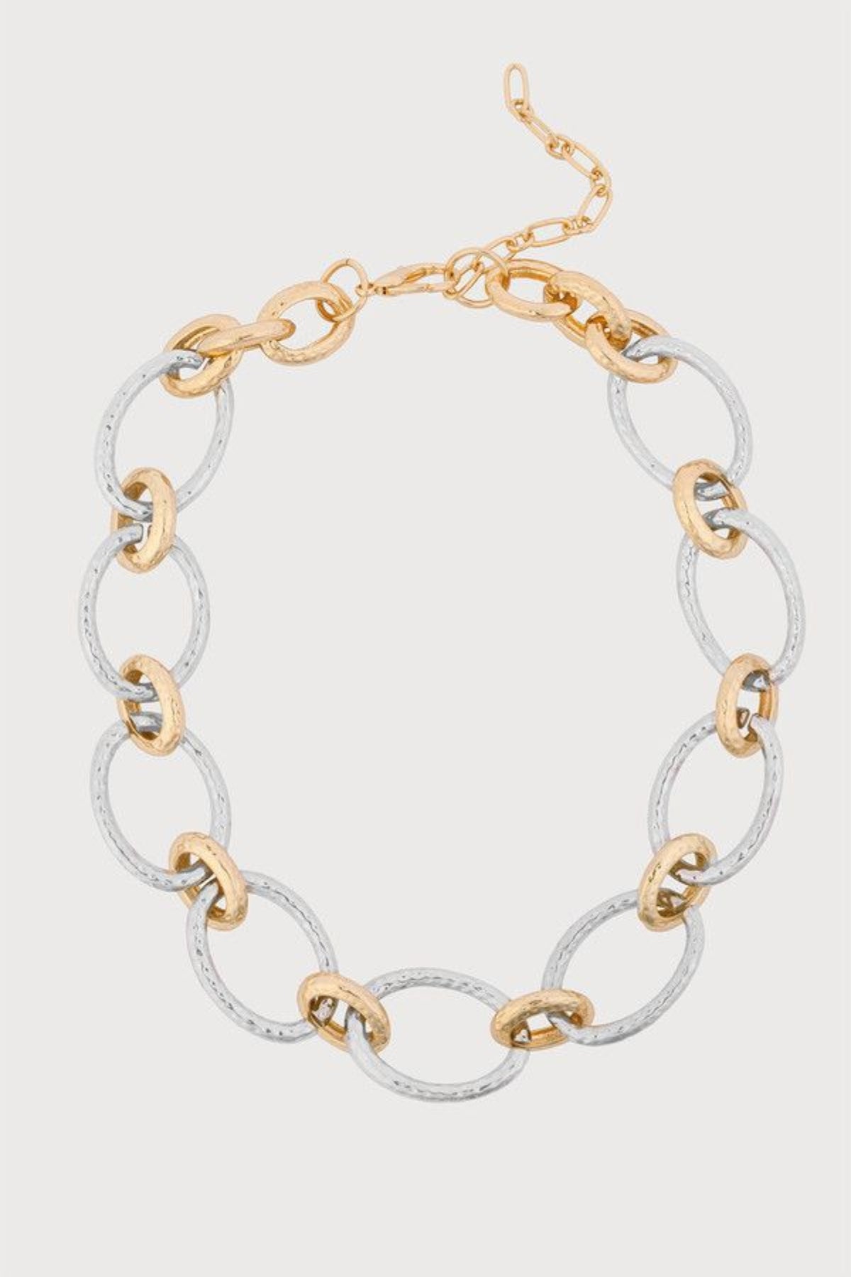Two-Tone Hammered Oval Link Necklace - Silver Gold