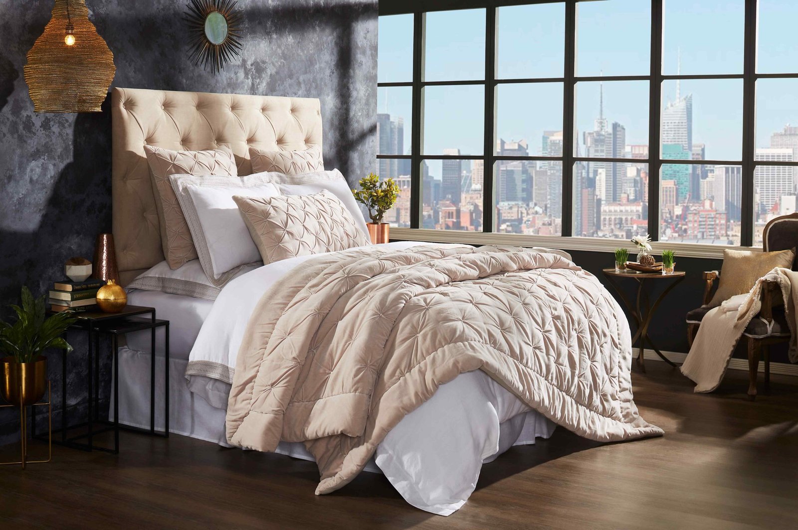 QT-325-11096_4|Elegant beige pleated velvet quilt on a queen bed, offering sophisticated texture and luxurious comfort to modern bedrooms.