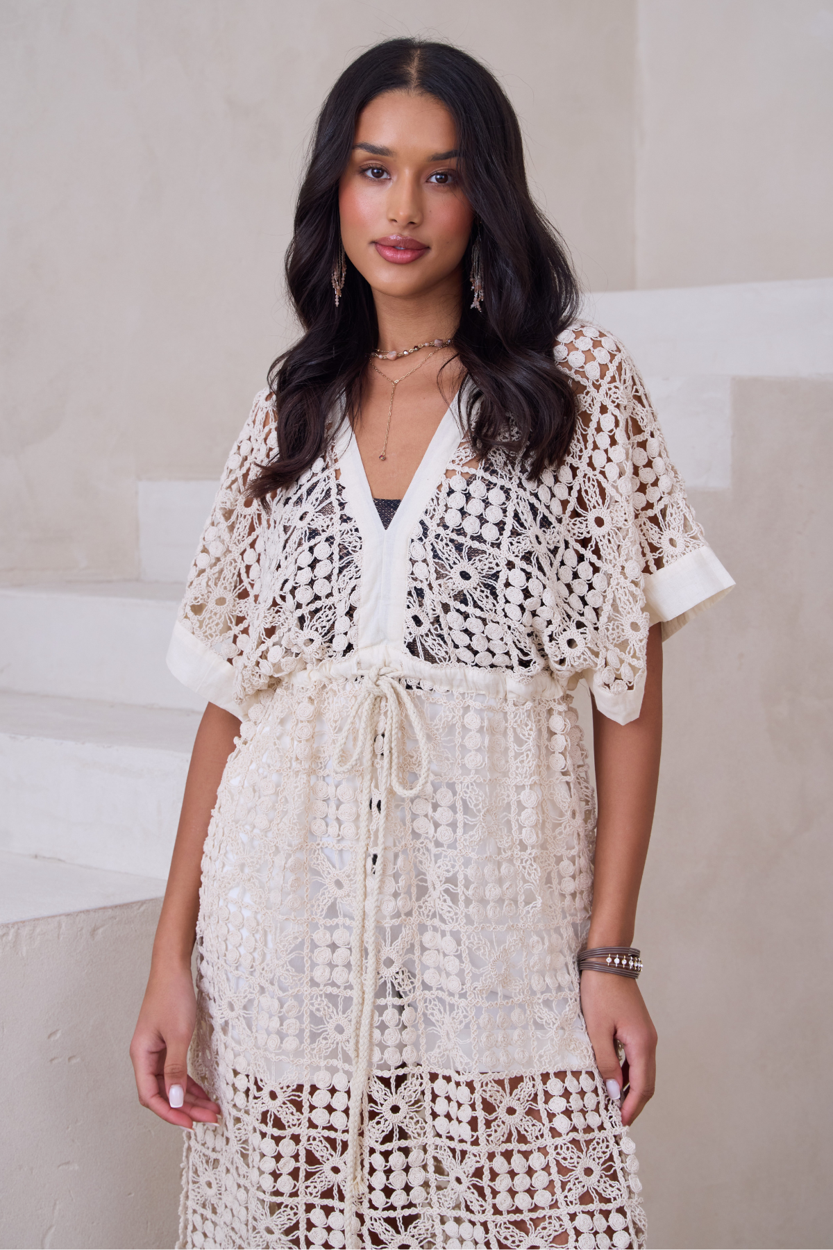 V-Neck Tie-Front Crochet Cover Up - Ivory