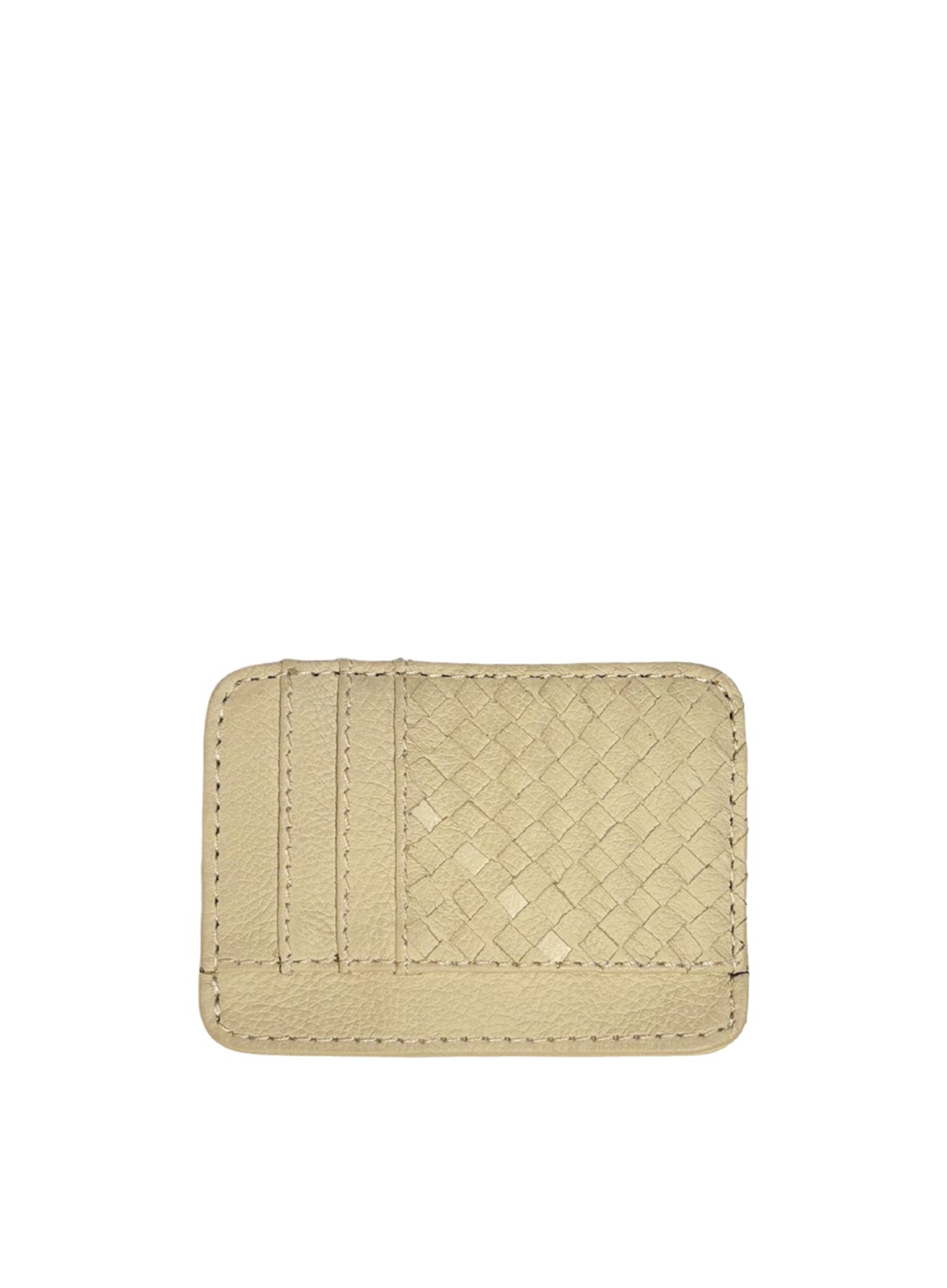 Beige woven leather cardholder on a white background