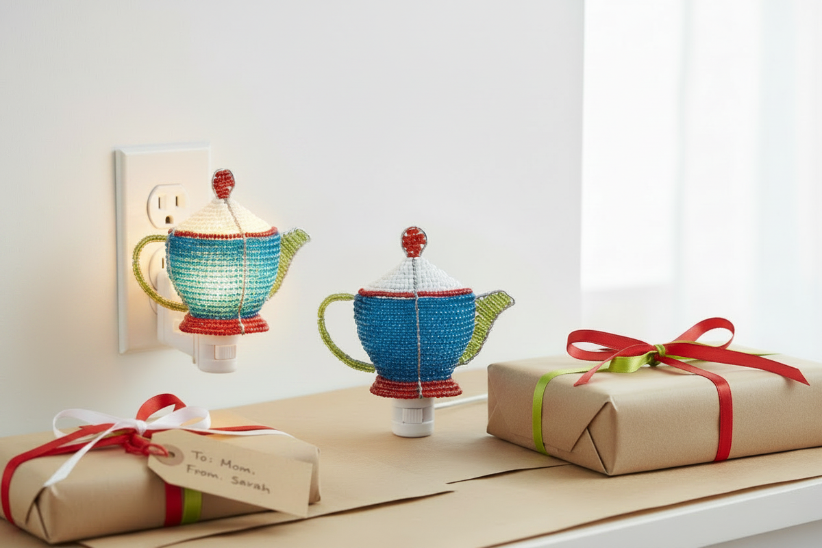 Beaded teapot night lights in a gift scene, one plugged in and glowing, one unlit beside gift wrapping and ribbon