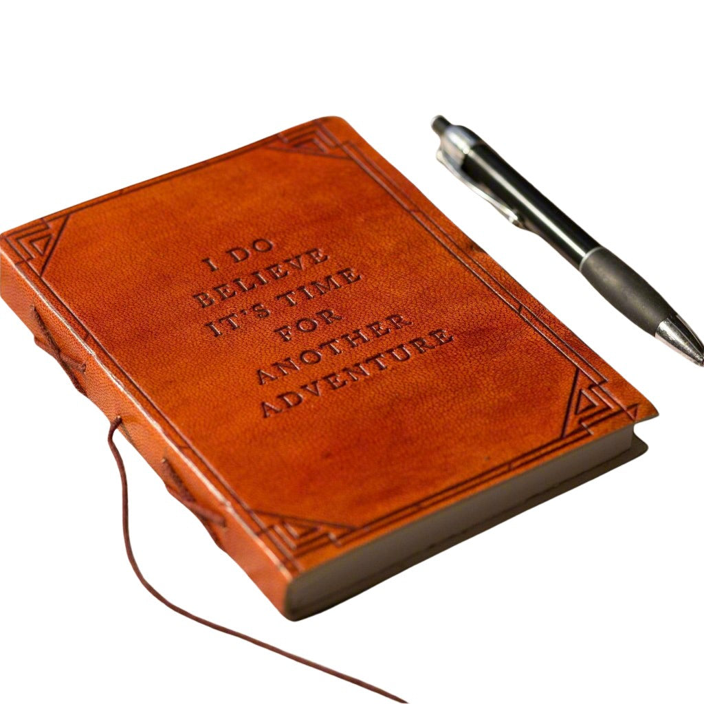 Artisan leather notebook with quote “Another Adventure” – made for explorers, travelers and goal setters