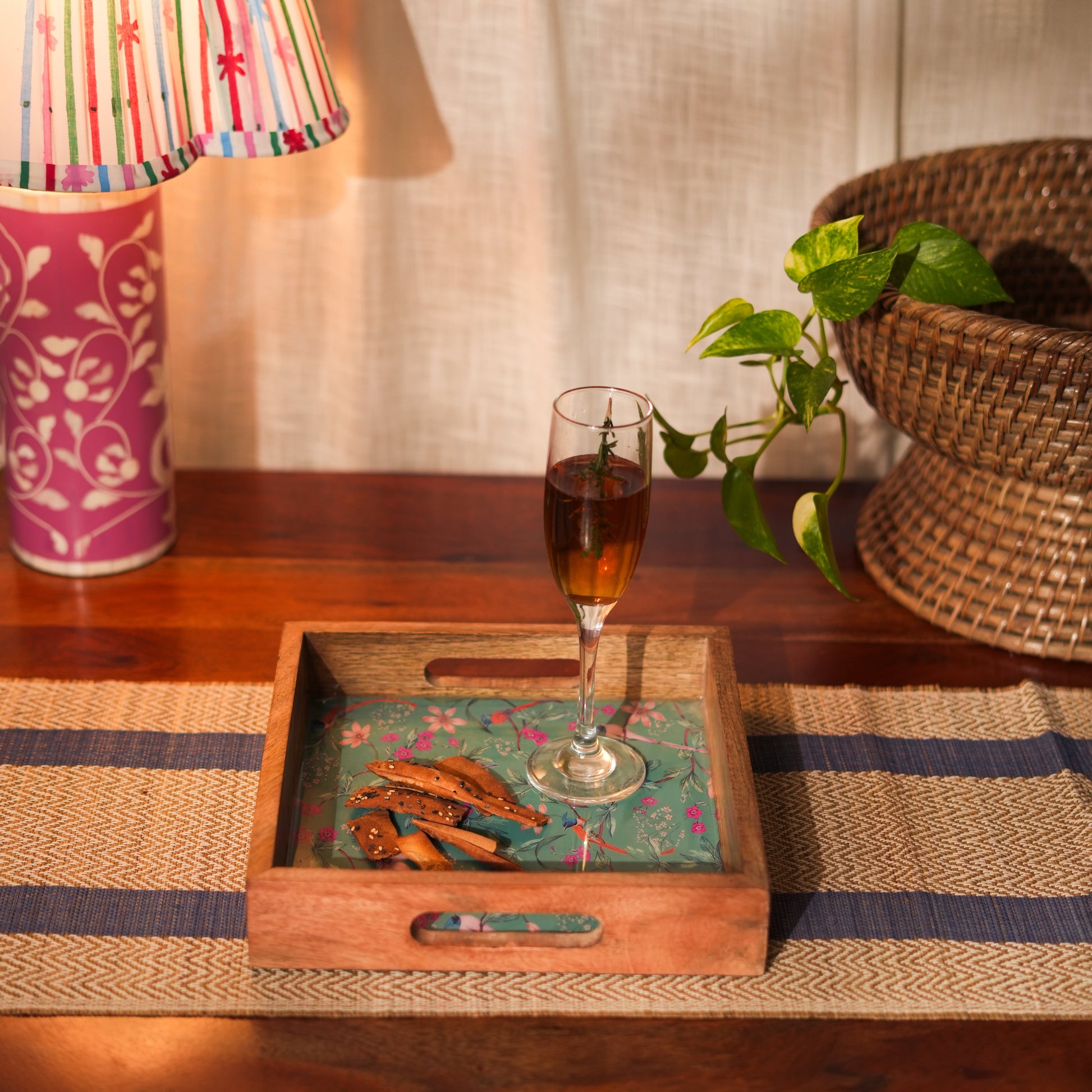 10x10 inch decorative wooden tray featuring a vibrant pink and green floral inlay design.