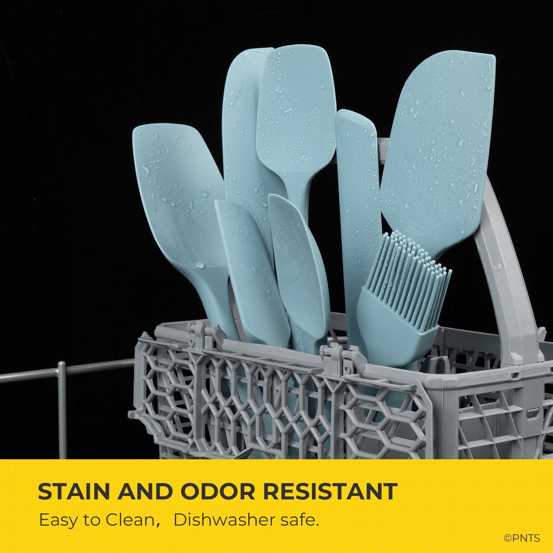 Set of blue silicone utensils in a dishwasher rack with text about stain and odor resistance.