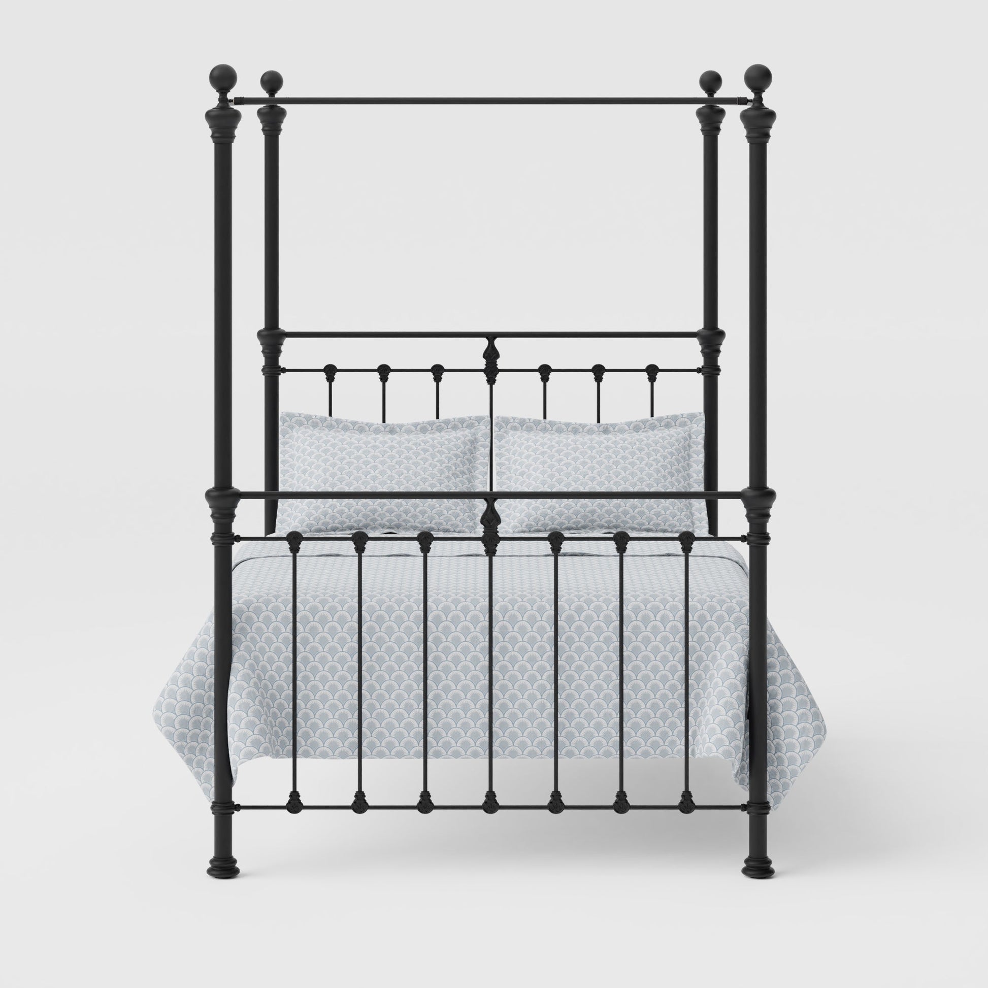 MB-206-7680FP_2|Black four poster metal bed with elegant patterned bedding, creating a stylish focal point for any contemporary bedroom.