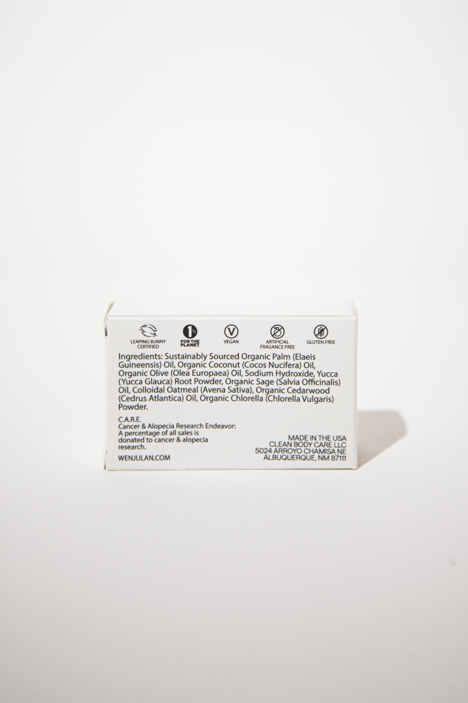 Wenjulan Whole Body Care Southwest Cedar Cleansing Soap bar back side of packaging with ingredient list, certifications and company information on white background