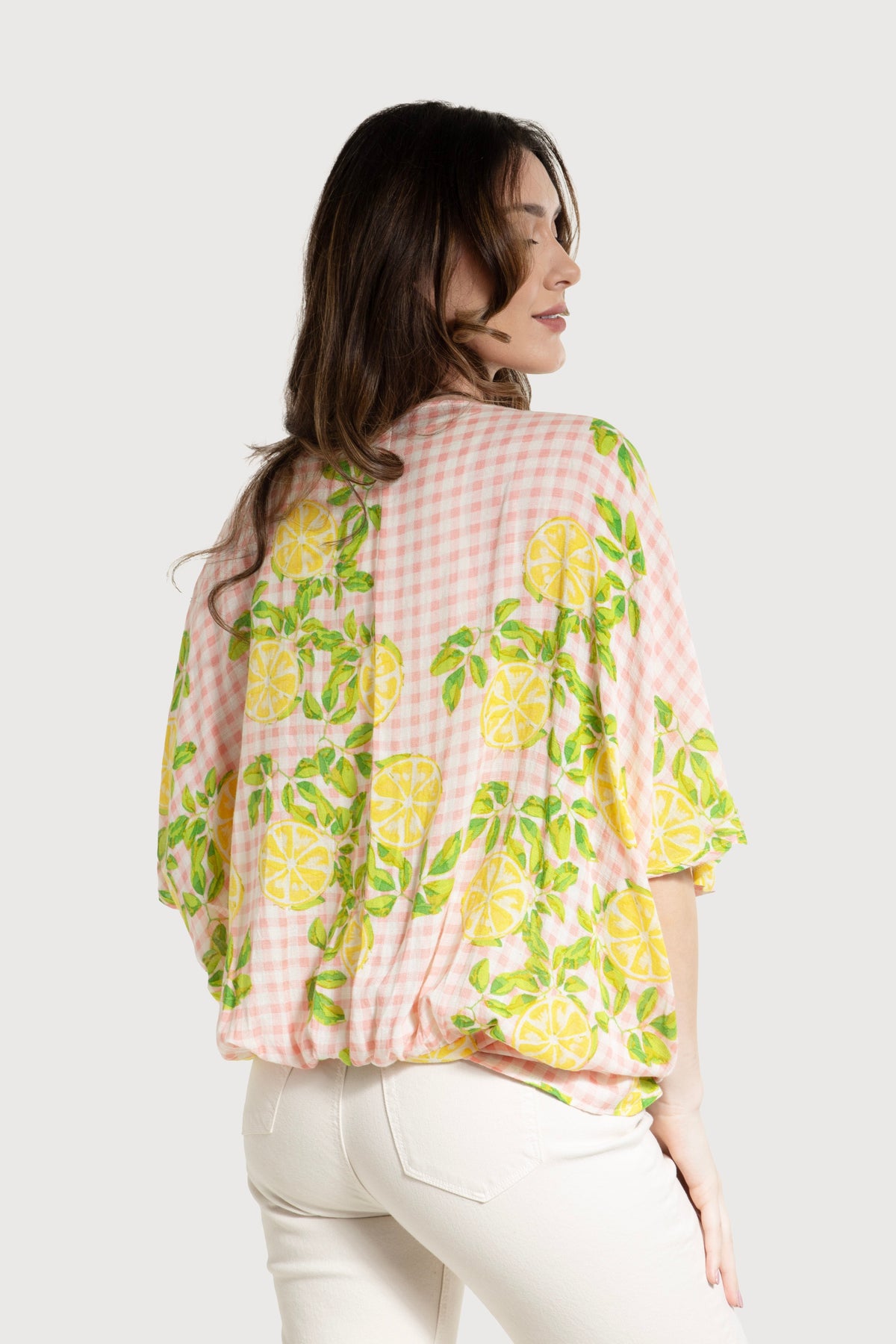 Short Tie Front Kimono Citrus Gingham - Pink