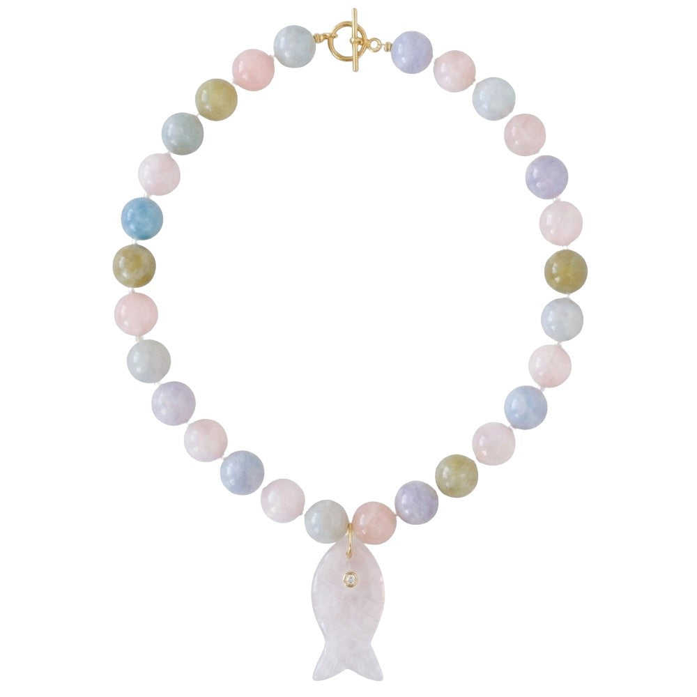 Necklace with pastel beads and a light pink fish charm on a white background