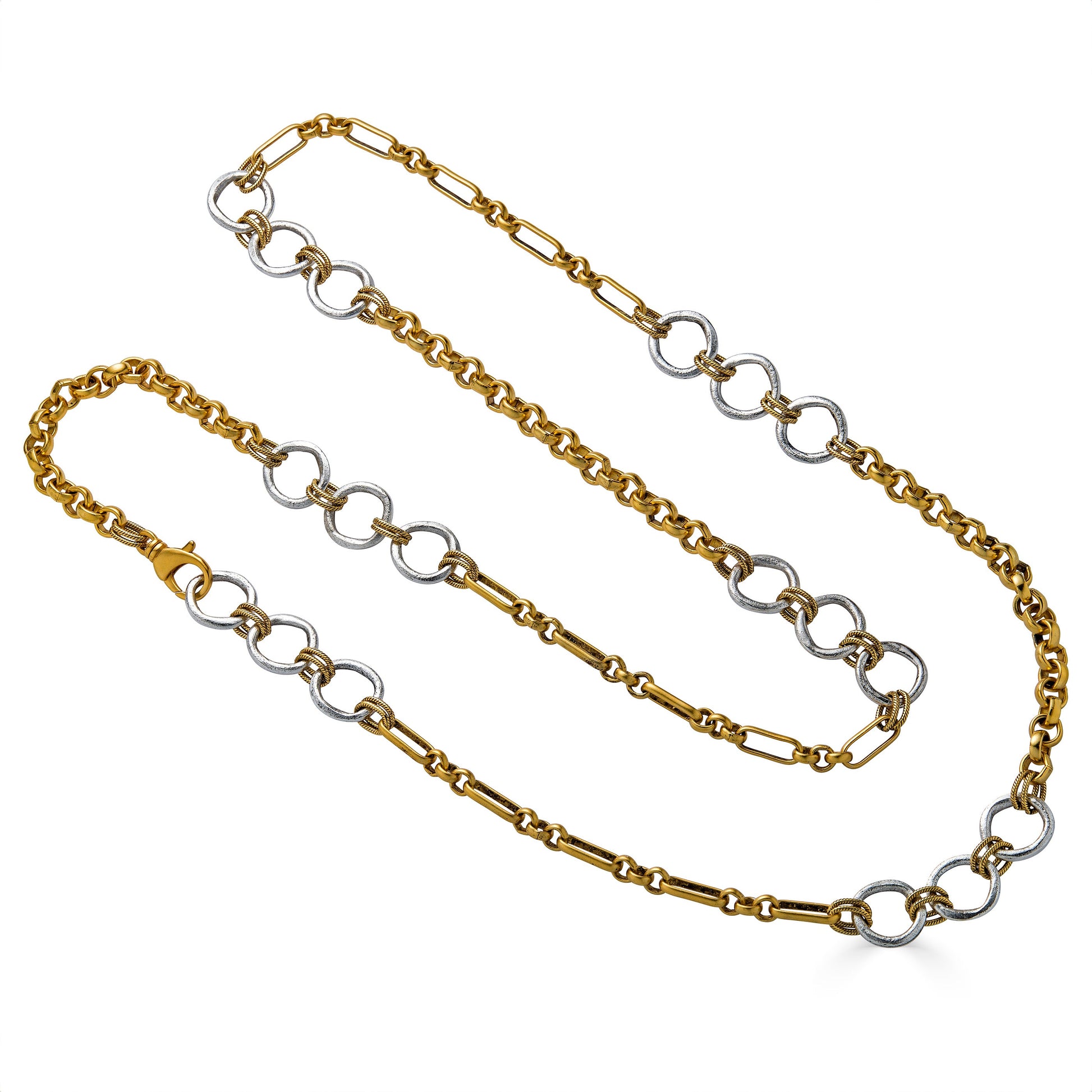 Long mixed metal necklace with silver circle links, gold chain sections, and twisted rope connector details.