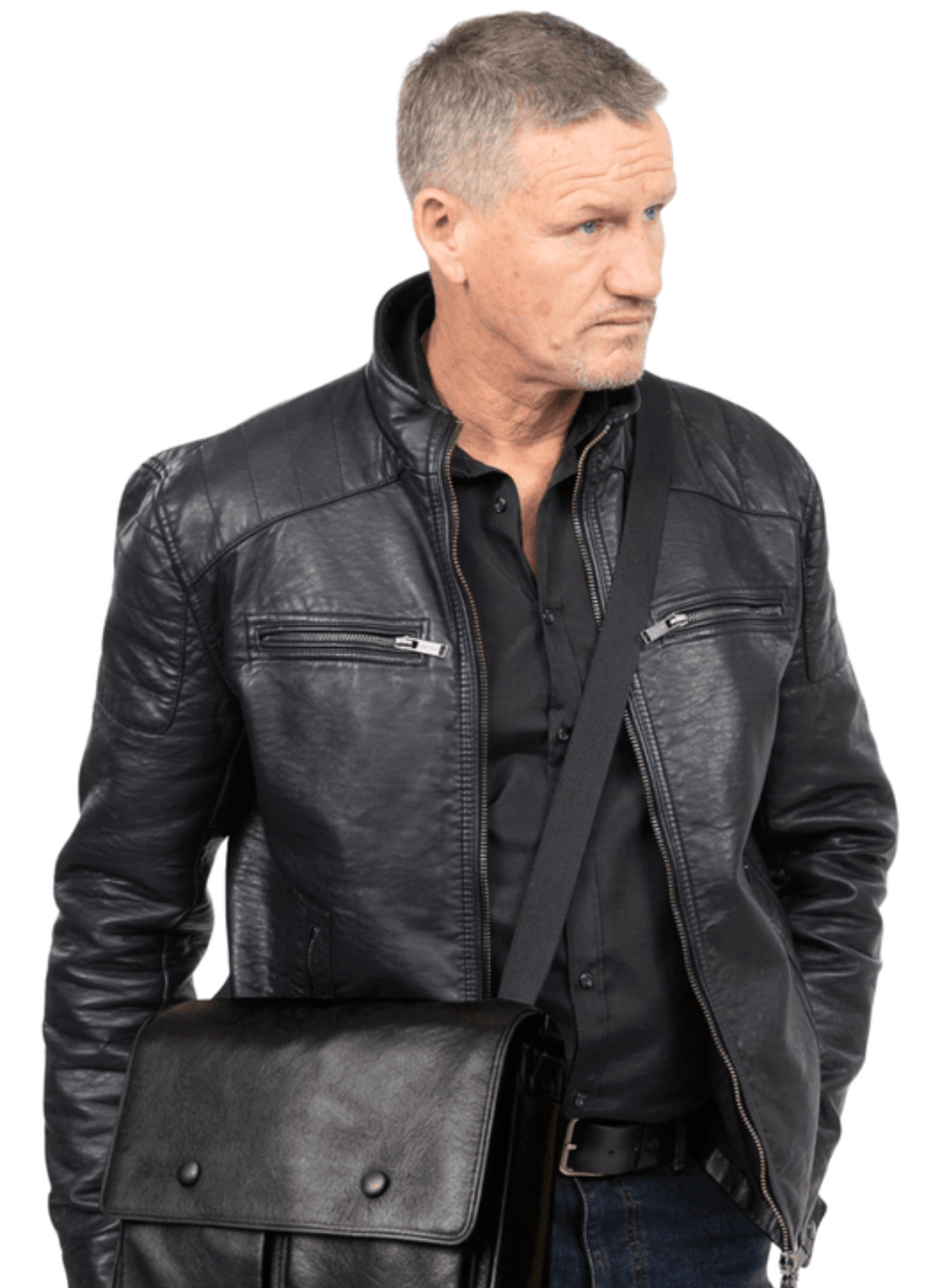 Man holding a black leather bag against a white background