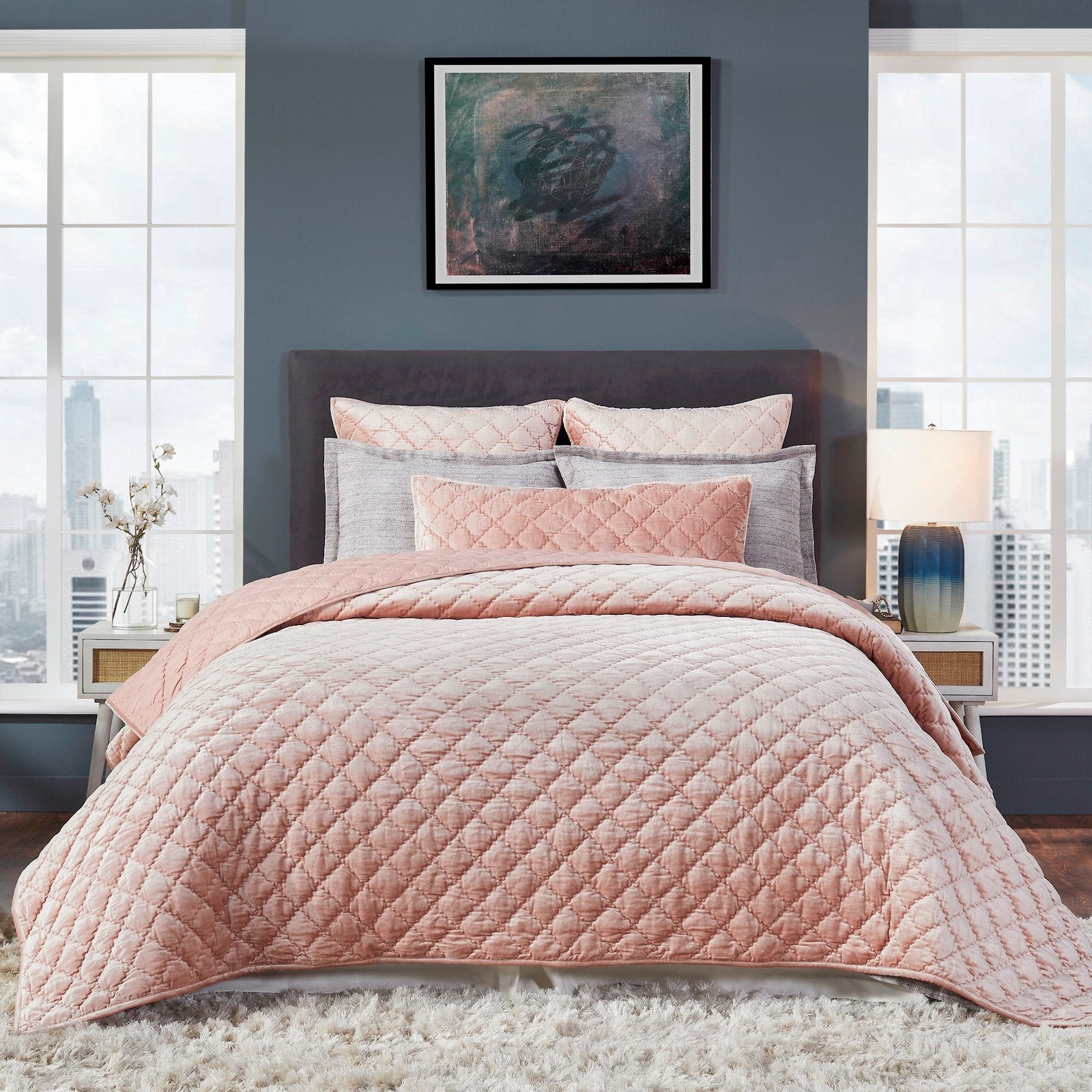 QT-355-9496-LOT1A_LOT1_1|Rose peach full-size Quilt with an all-over diamond quilted pattern. Features a soft, plush textured surface.