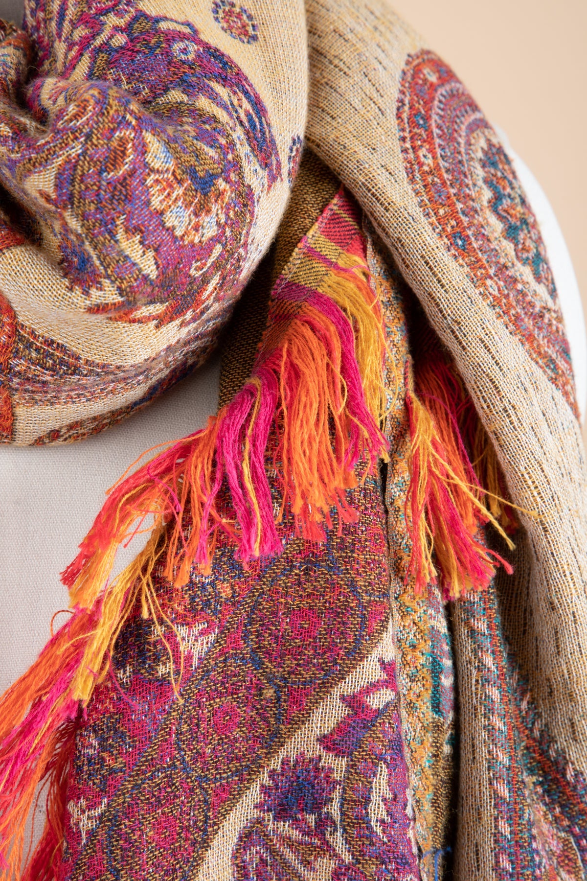 Floral Paisley Fringed Scarf - Light Brown