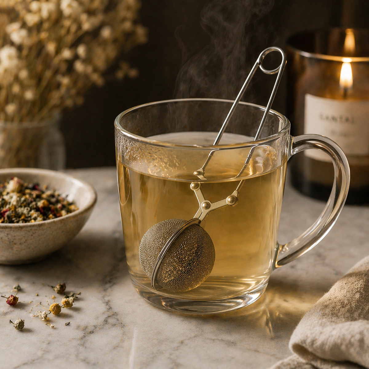 loose-leaf tea steeping in a cup in use as part of Deep Sleep Tea Ritual
