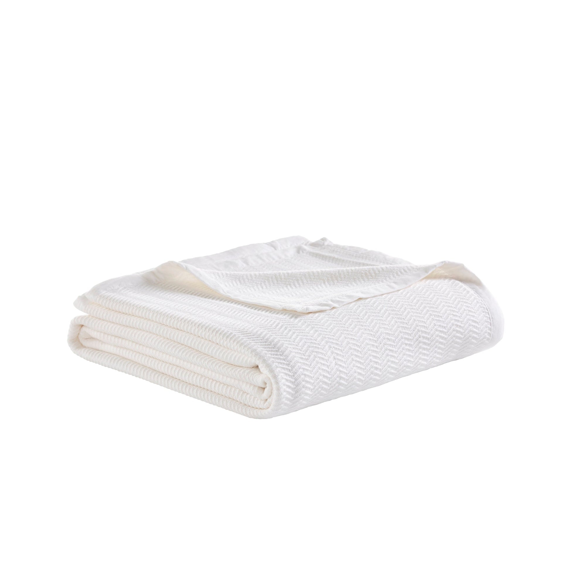 BL-854-9496_3|Neatly folded white herringbone knit blanket, perfect for adding texture and warmth to any bedroom or living space.