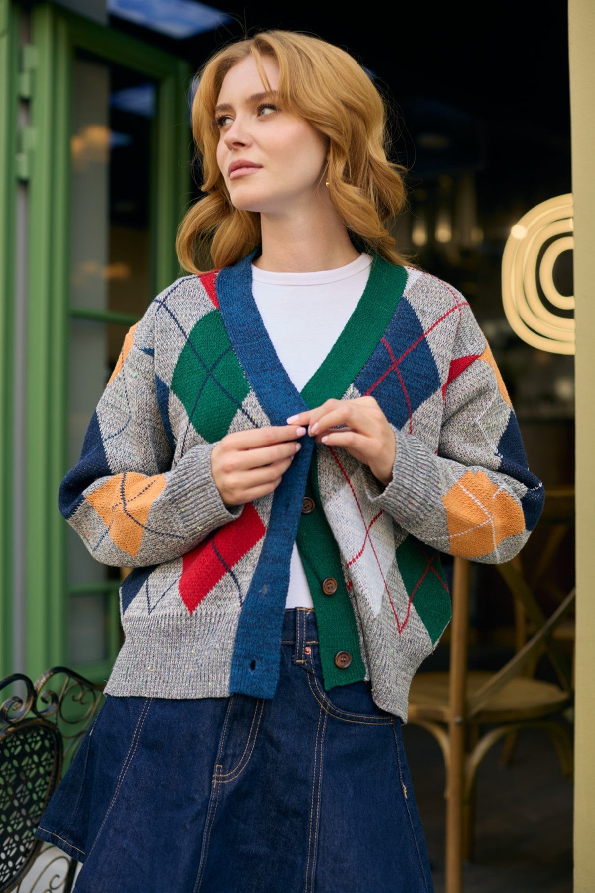 Classic Colorful Argyle Cardi - Grey