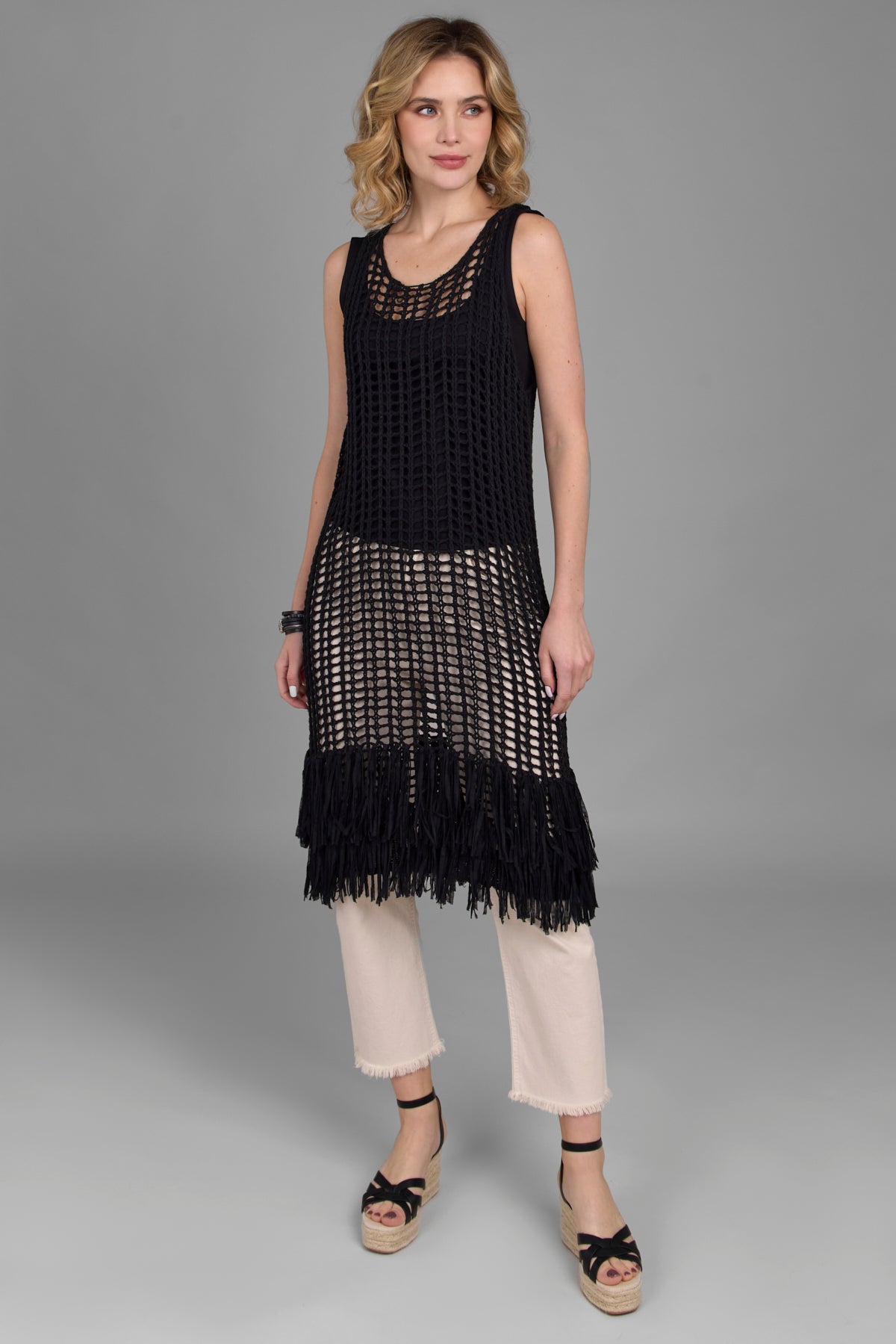 Open Knit Fringe Cover Up Black