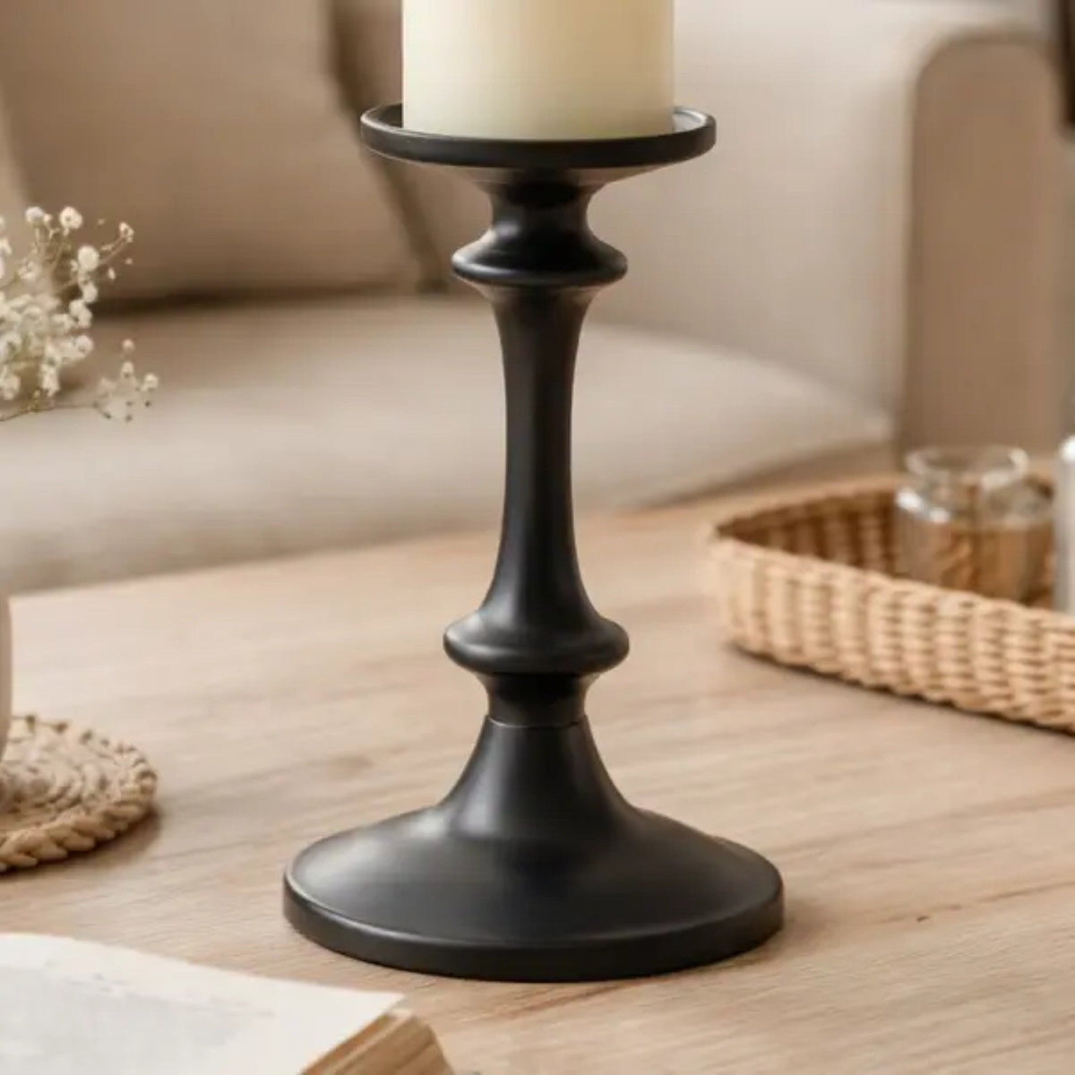 Modern Black Aluminum Candle Holder for Home Decor, 8 Inches