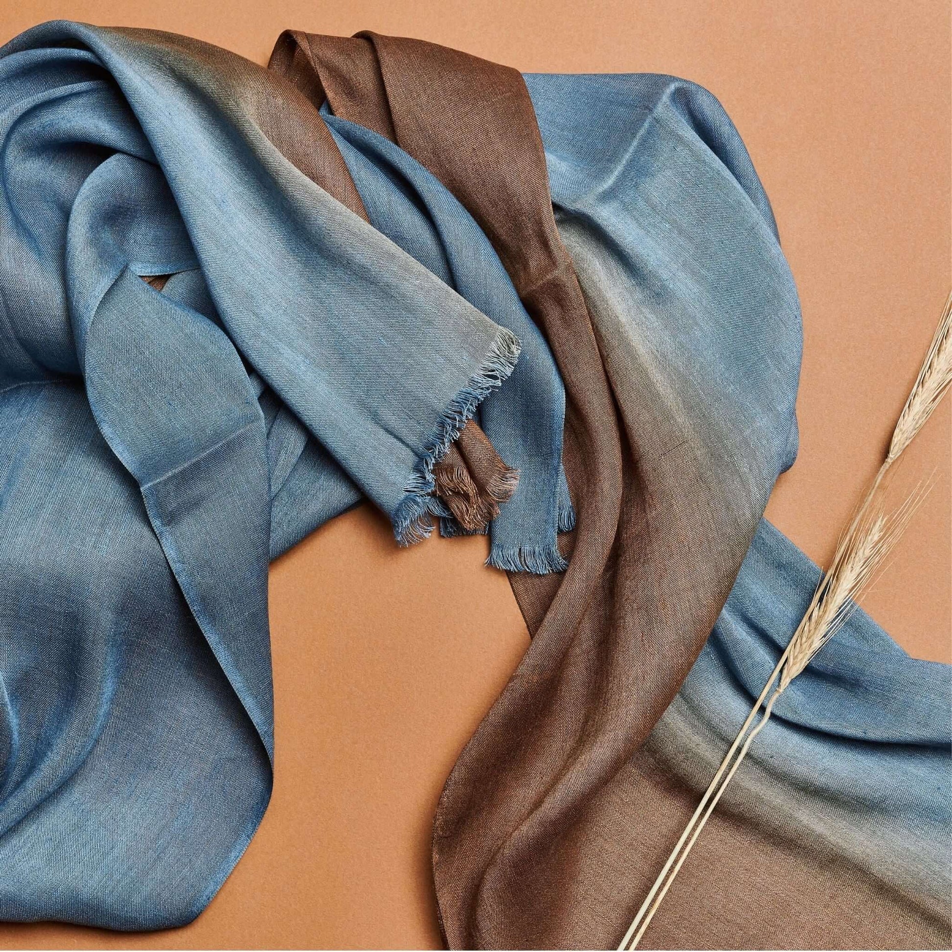 Mahogany Sky Brown Blue Ombre Linen Silk Handloom Scarf on a neutral background