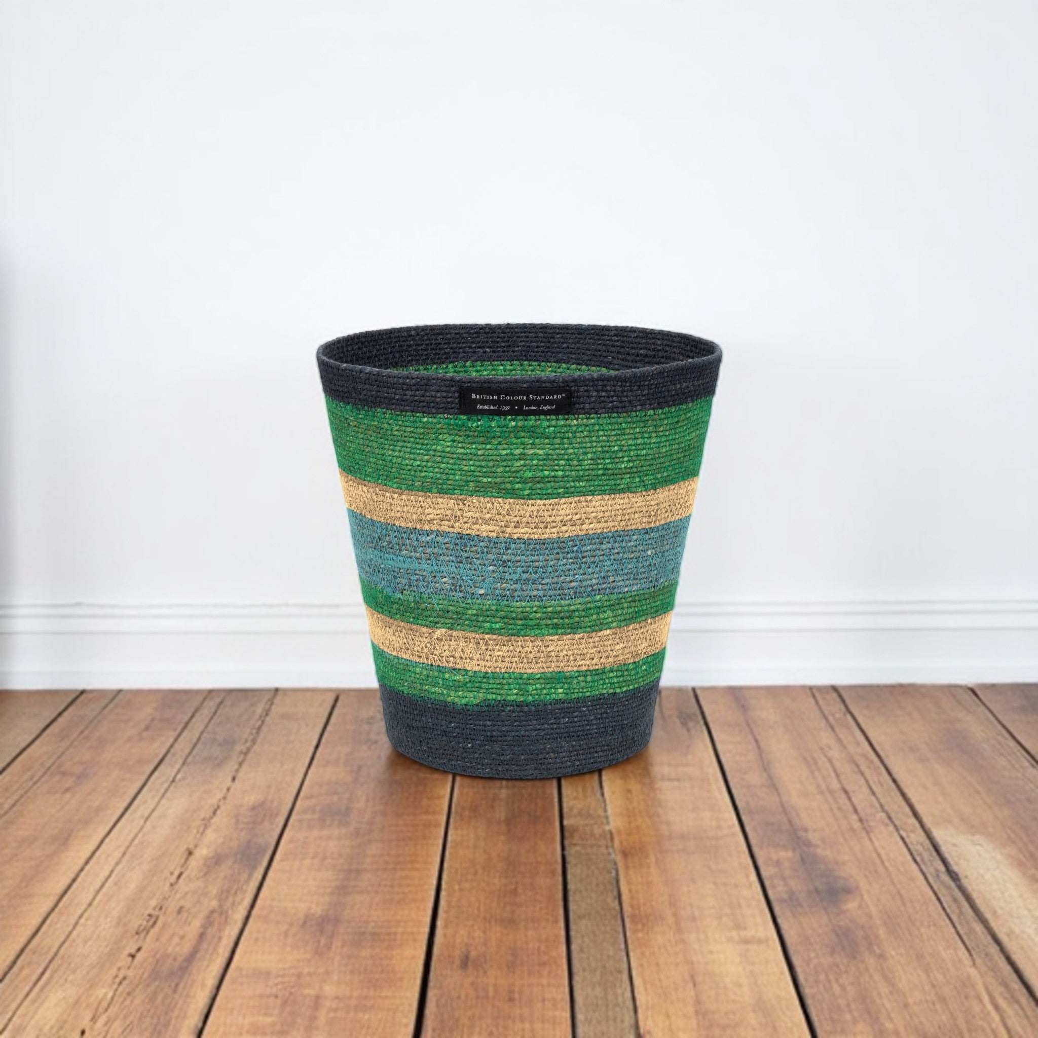 Striped Seagrass Waste Paper Basket in Beryl / Midnight
