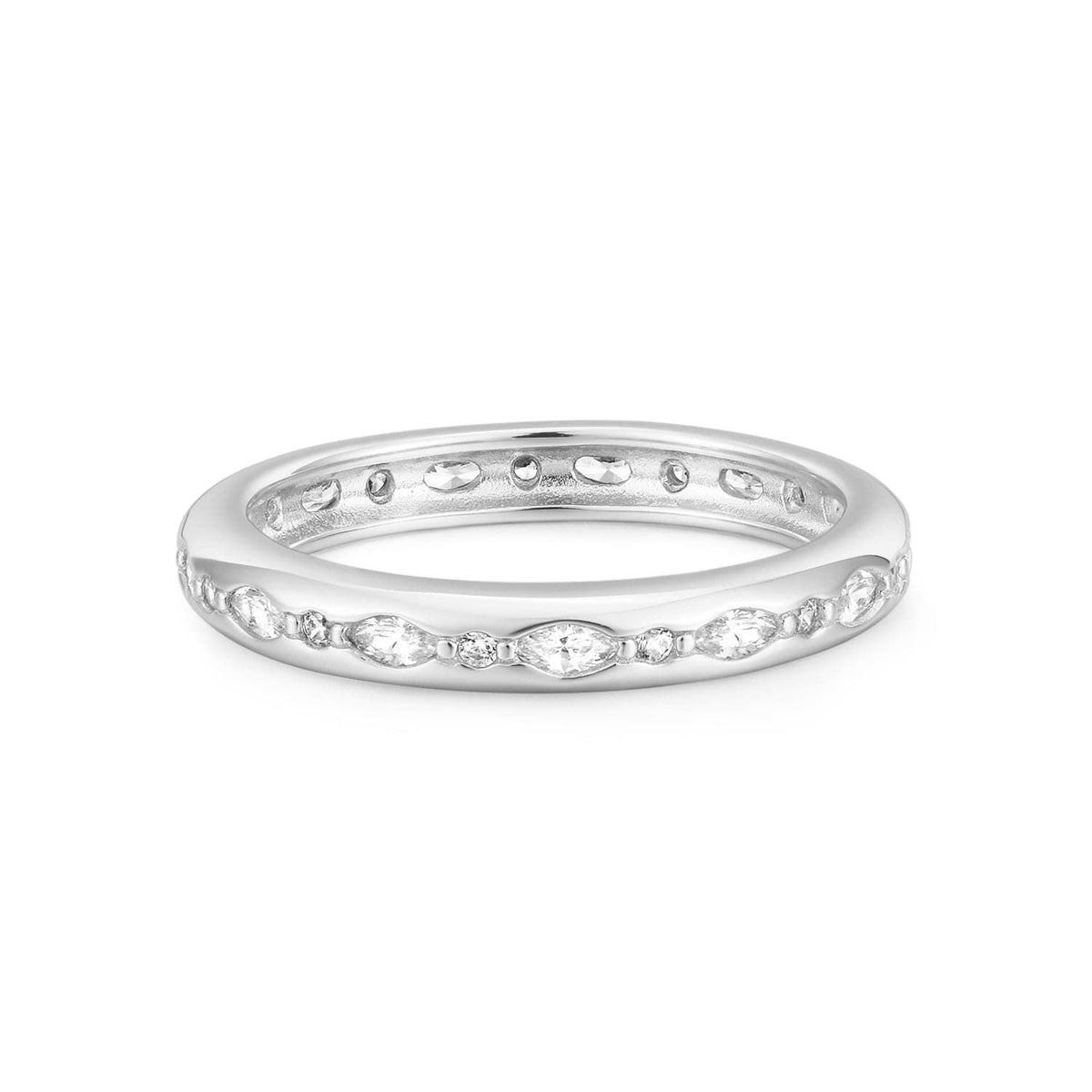 Silver eternity band with marquise diamonds in a Multi Shaped CZ Channel Ring style