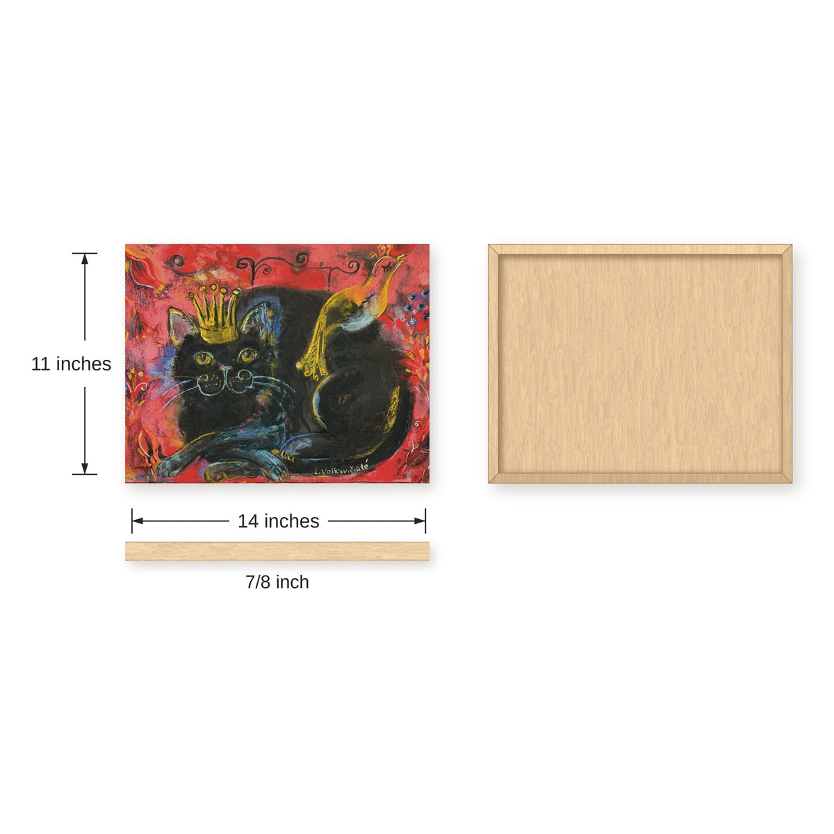 Crowned black cat with bird red folk art print, size guide with front, back and side dimensions
