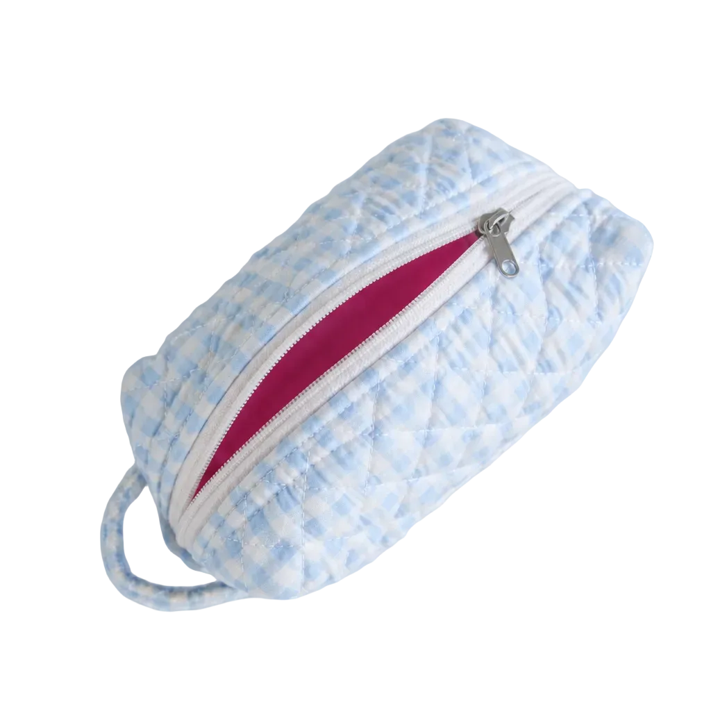 Gingham Blue Make-up Pouch Small detail — blue gingham check on premium cotton