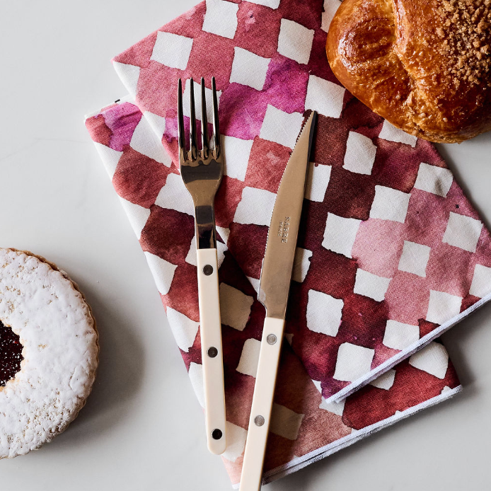 Pink Diamonds linen dinner napkin with watercolor diamond geometric pattern in blush rose and warm brown - Goldie Home