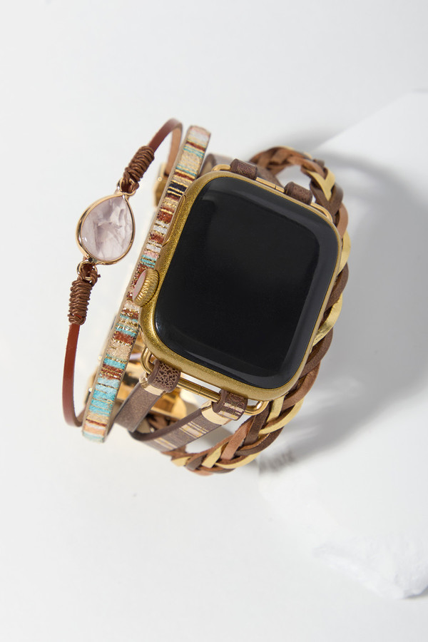Boho Crystal Leather Apple Band - Brown Multi