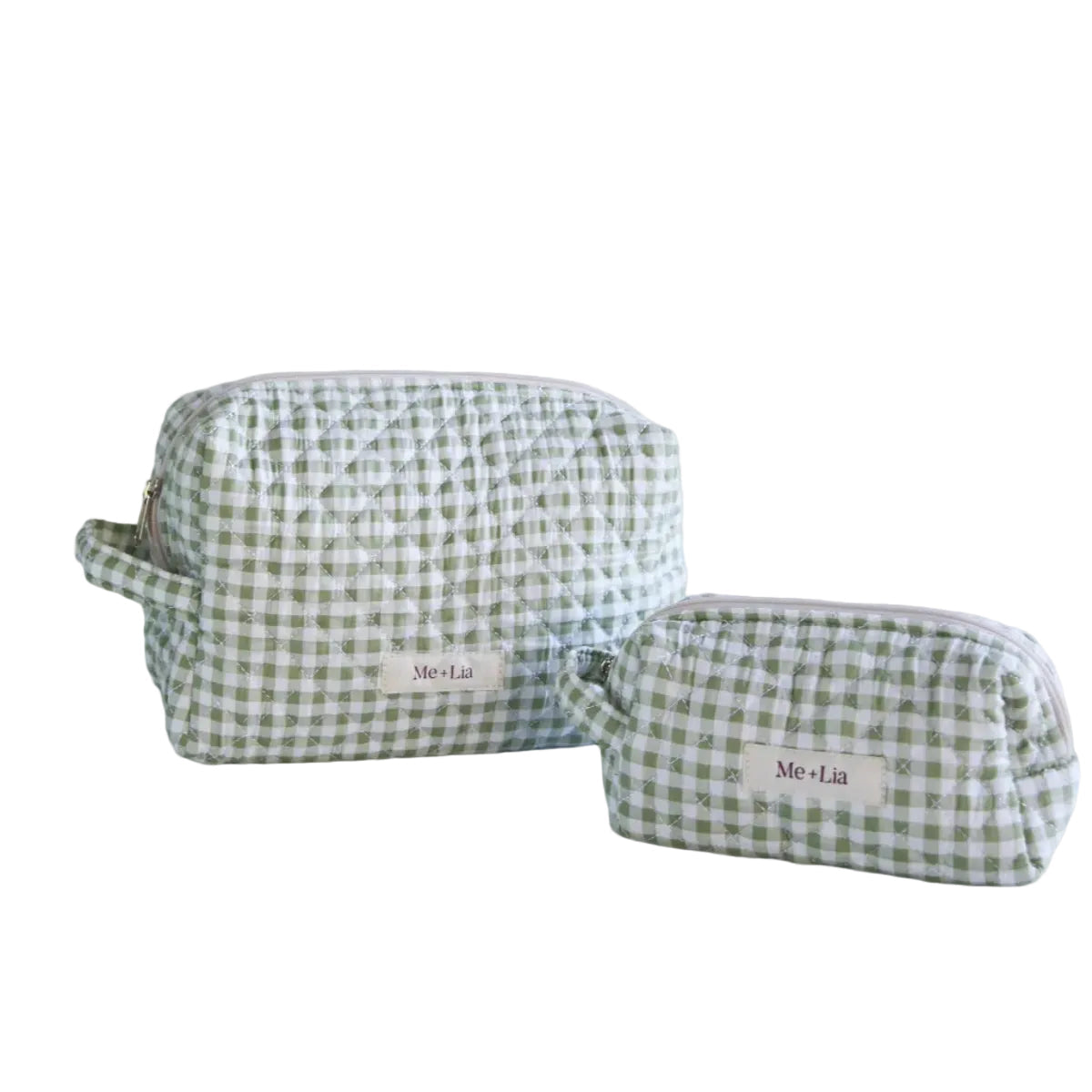Gingham Matcha Make-up Pouch Small — interior of green gingham cotton pouch