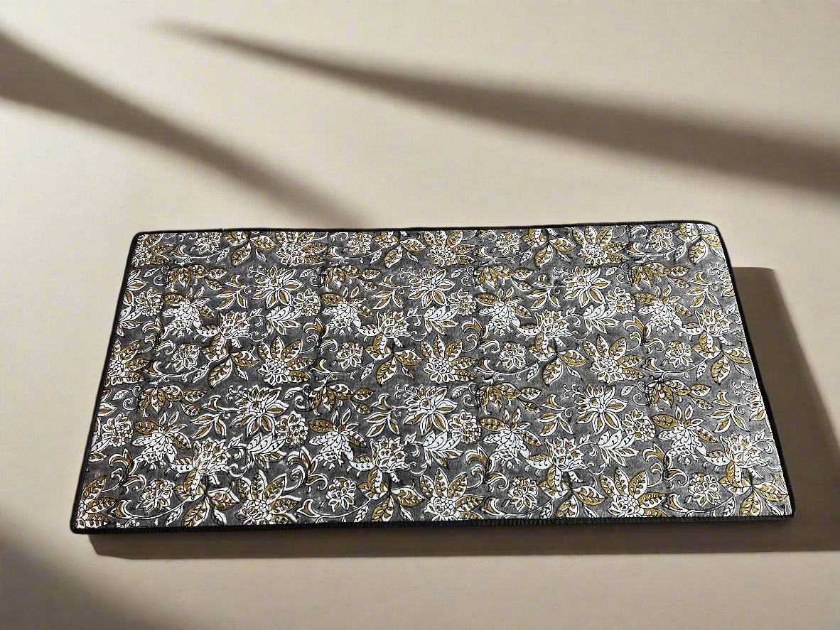 Matching desk mat, pen holder, and storage box in a sophisticated grey and white artisan print.