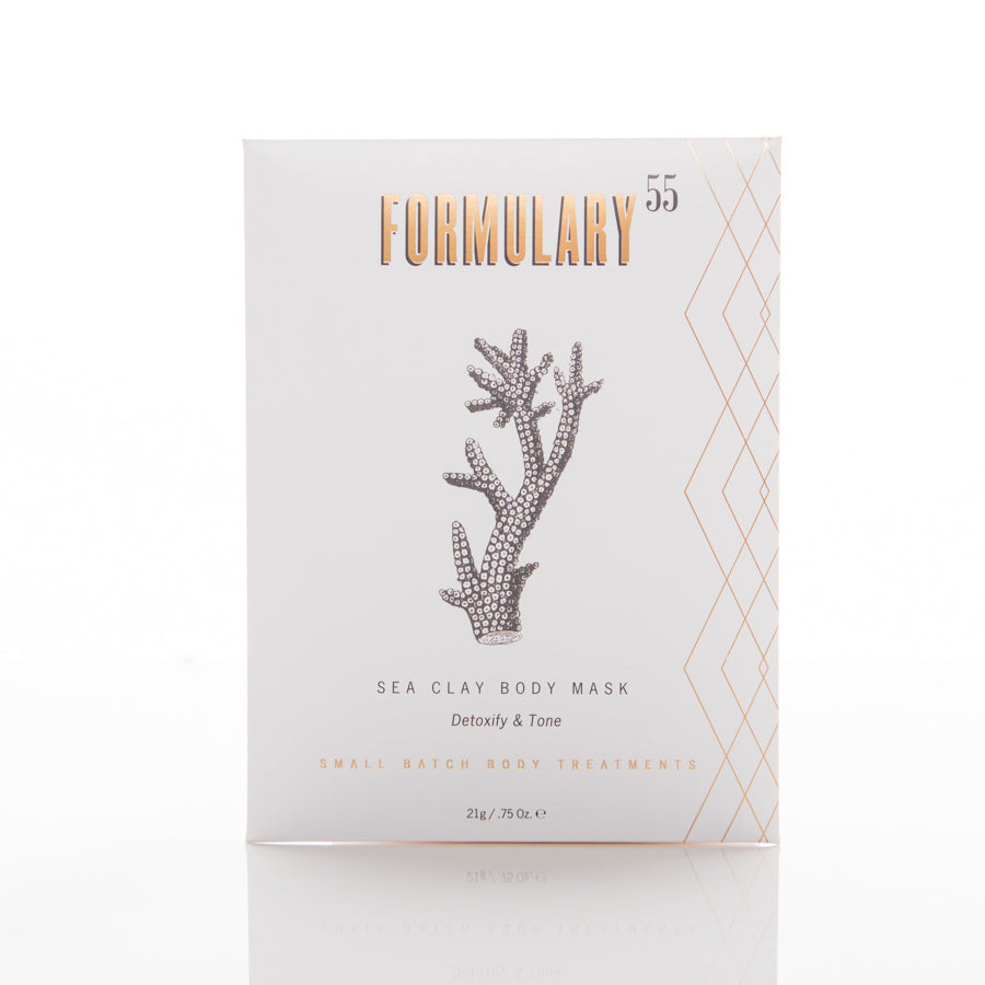 A white, square product package with gold and gray accents. The text reads "FORMULARY 55" at the top, with an illustration of coral in the center. Below are the words "SEA CLAY BODY MASK, Detoxify & Tone, Small Batch Body Treatments." Size noted as 2 oz / 55 g.