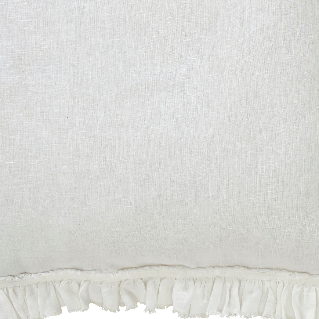 DT-017-9092_2|Close-up of a soft white linen duvet cover with delicate ruffled trim, highlighting its luxurious texture.