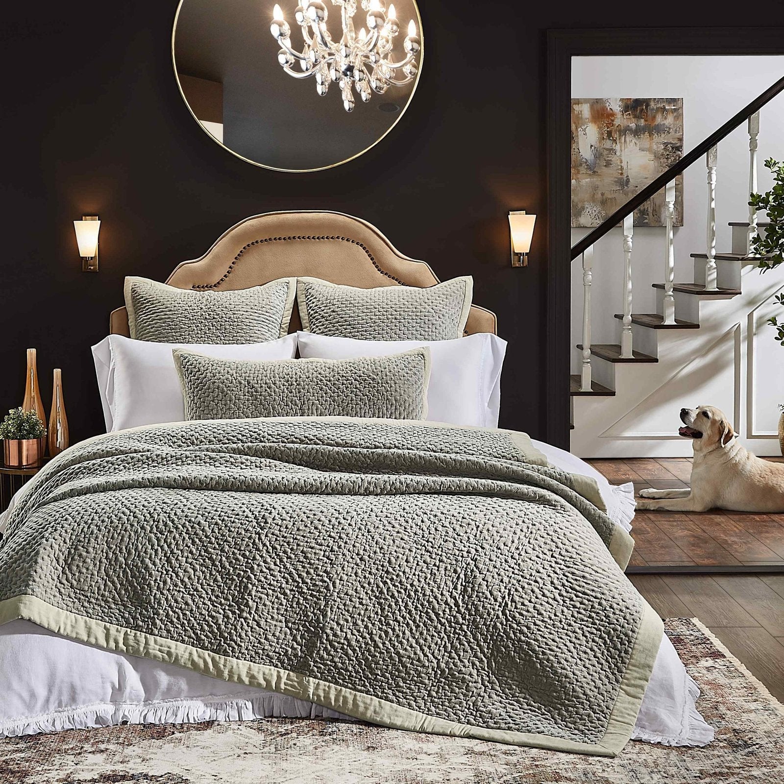 QT-330-9496-PO1223_3|Inviting sage grey quilt with a textured popcorn stitch pattern and contrasting light cream border on a comfortable bed.