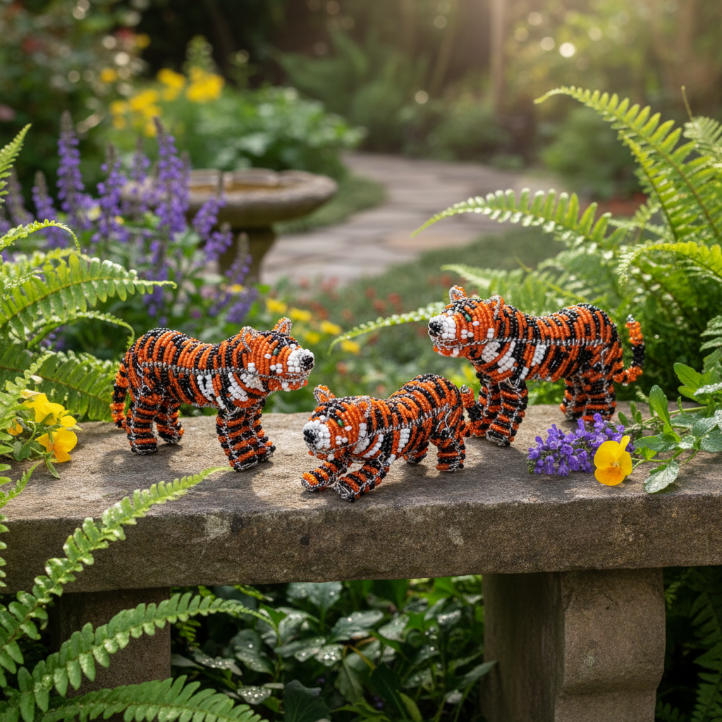 Minimal Tiger Set of 3 - beaded miniature tiger figurine in outdoor garden setting on stone surface