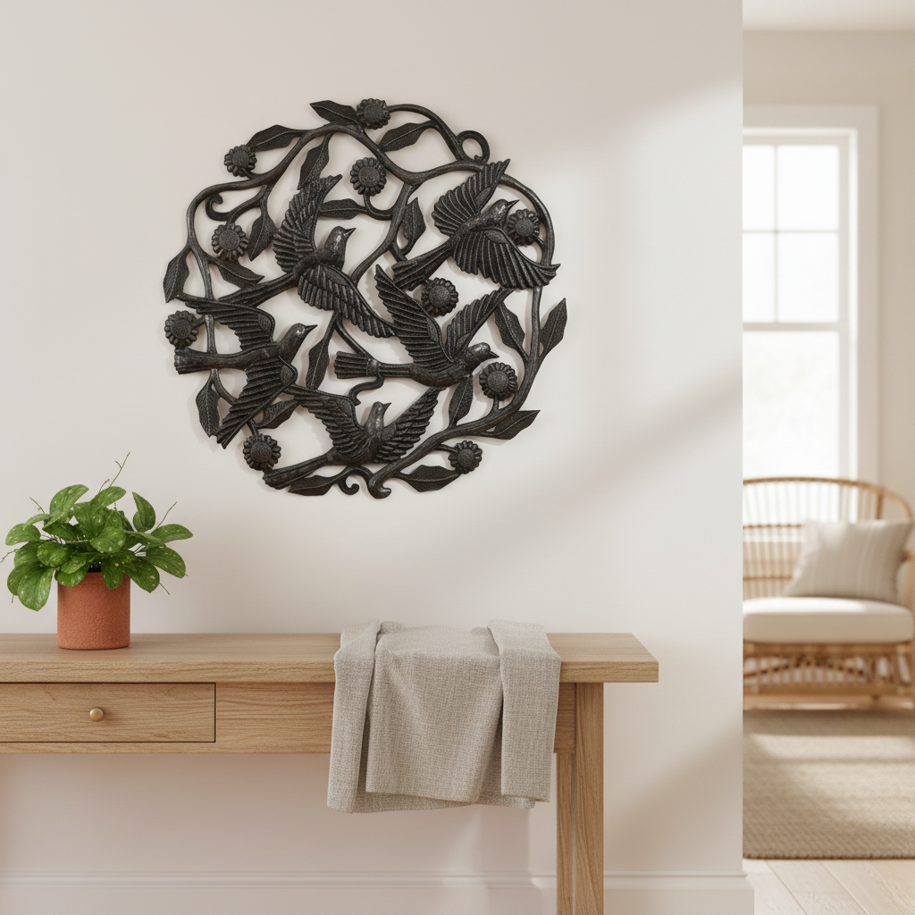 Birds in Flock Haitian metal art hung in a coastal living room above a wood console table