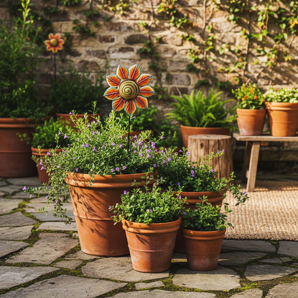 Orange Petal Painted Garden Stake in patio courtyard outdoor living space