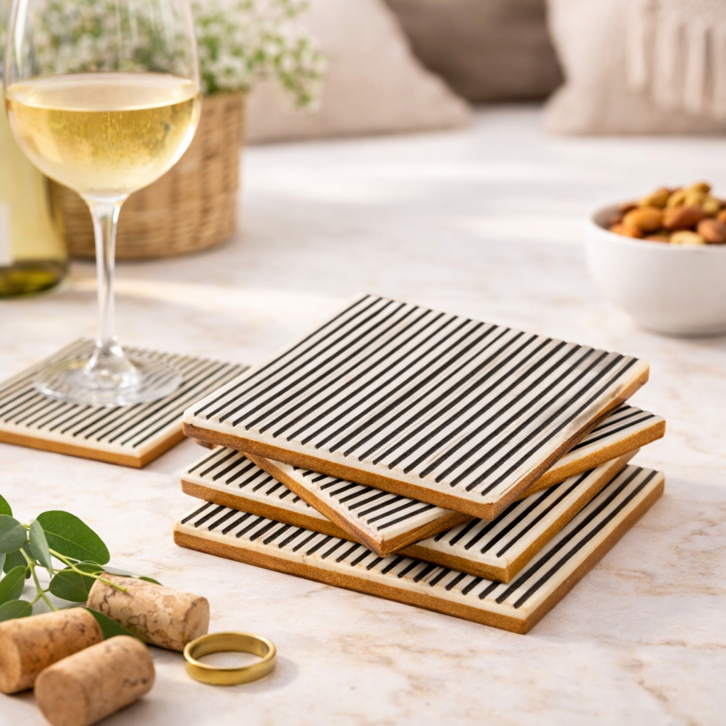 Coasters styled on a tabletop with drinks