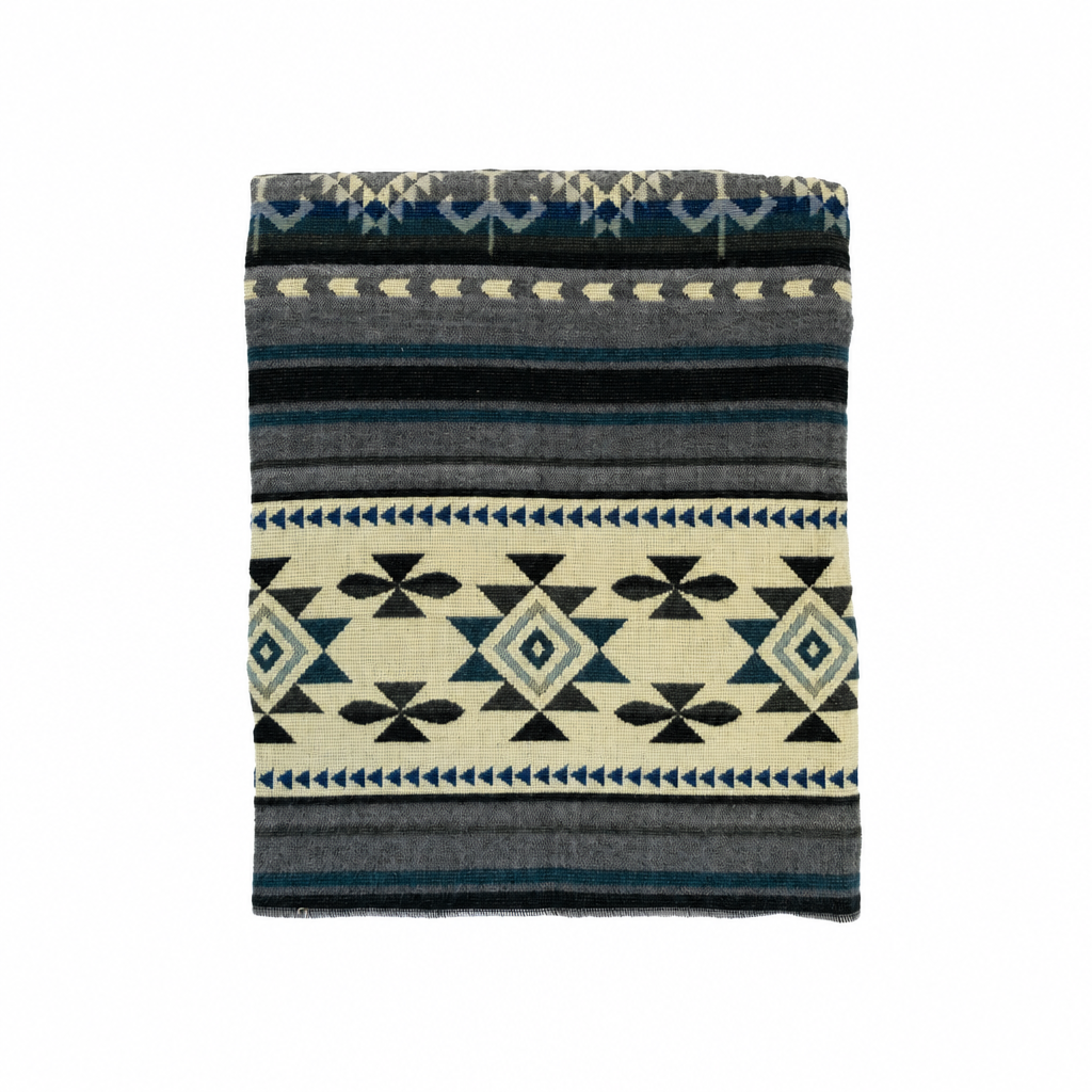 Geometric Blue, Gray & Cream reversible handwoven alpaca throw blanket, Yachana Collection, made in Ecuador