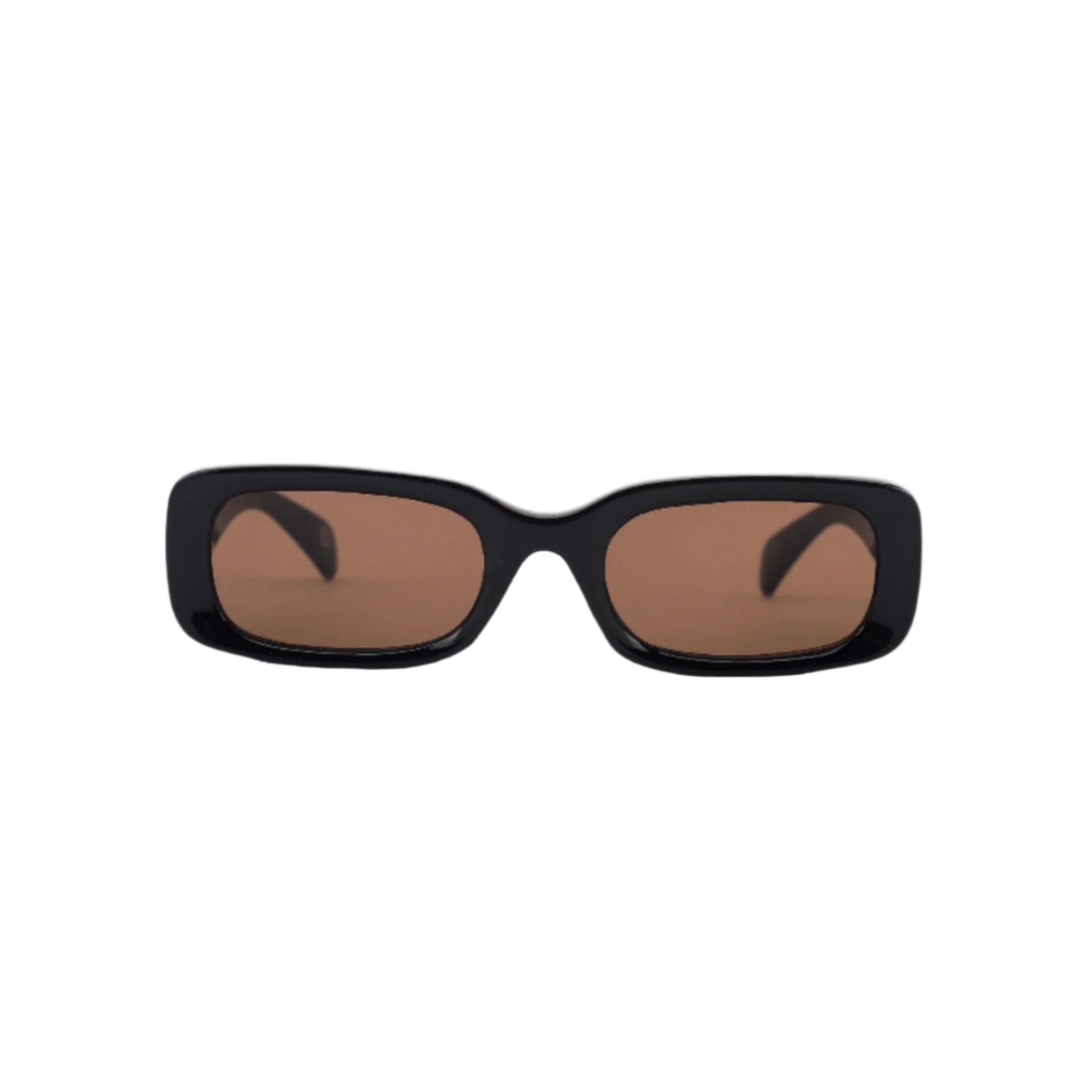 Black sunglasses with brown lenses on a white background