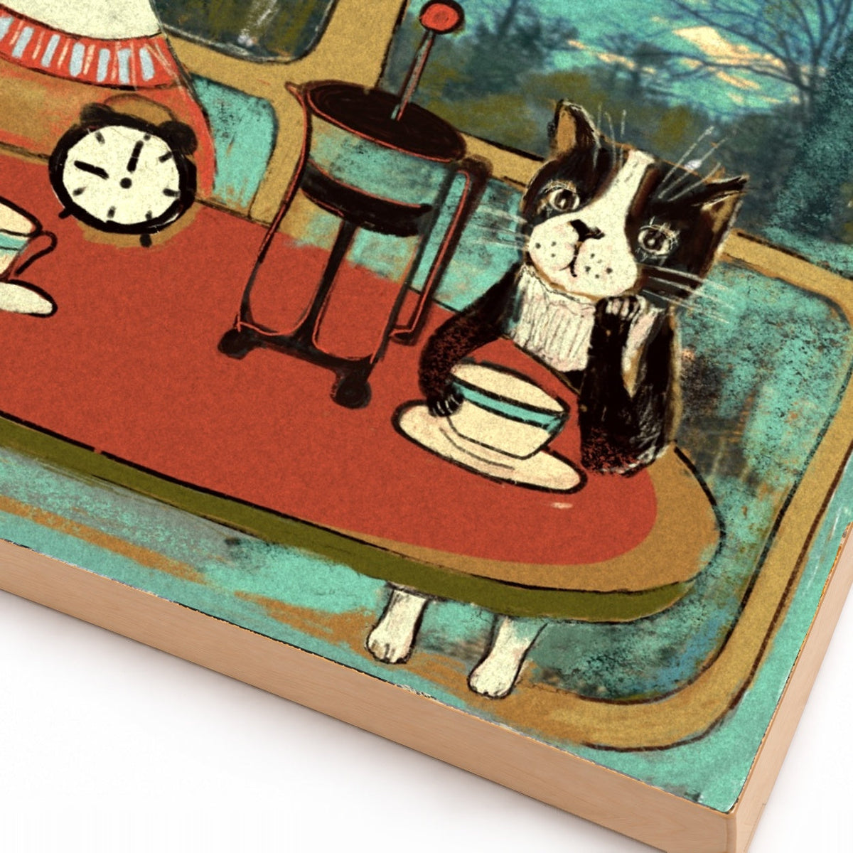 Close-up detail of the Coffee with Cat day scene art print showing the printed surface and wood edge