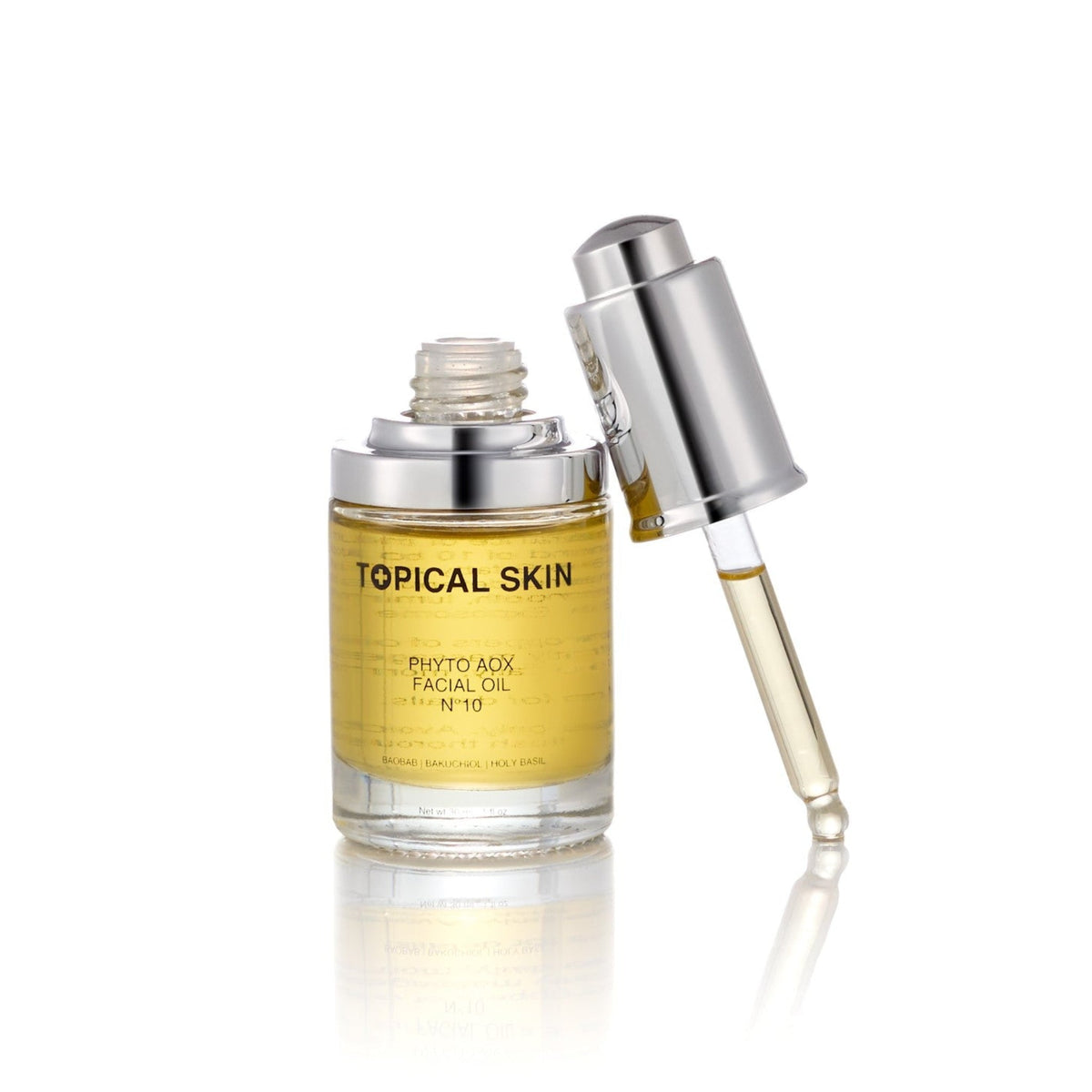 Phyto AOX Facial Oil N°10 with Exposome Defense Technology, TOPICAL SKIN CLEAN DERMACEUTICALS facial oil golden amber glass.