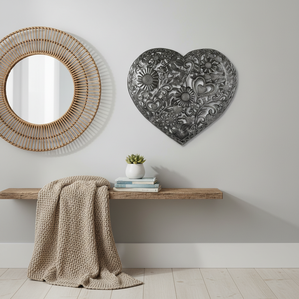 Hearts Galore Haitian metal wall art displayed on a coastal gallery wall with rattan decor