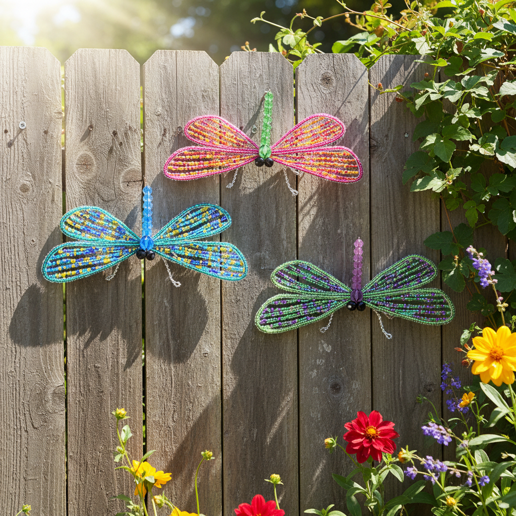 Dragonfly Lg Asst Set of 3 - handcrafted beaded dragonfly outdoor garden art on rustic wooden fence