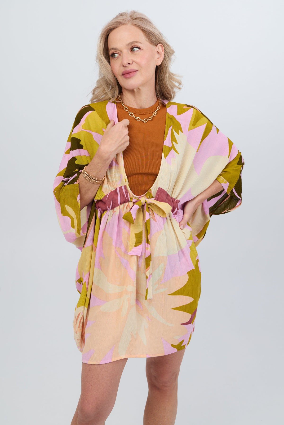 Multicolor Floral Short Kaftan - Cream