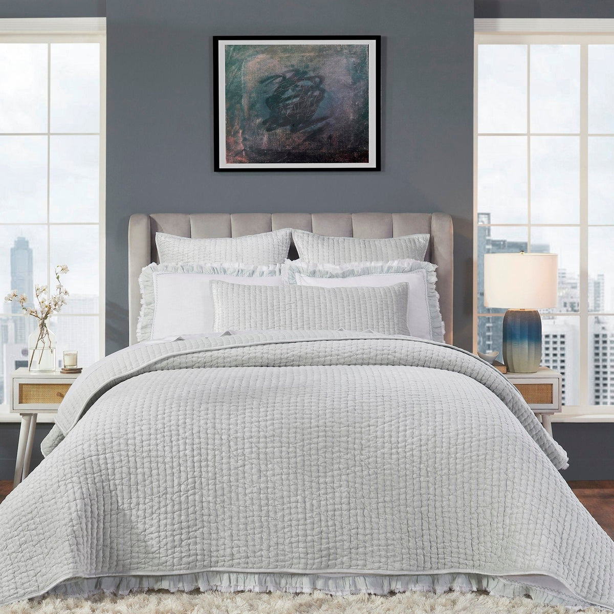 QT-352-11898_1|Sophisticated light gray velvet quilt with a contemporary textured pattern, draped beautifully, enhancing modern bedroom decor.