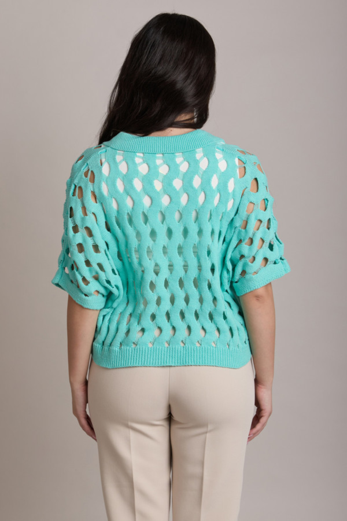 Knit Cut-Out Collared Shirt  - Aqua