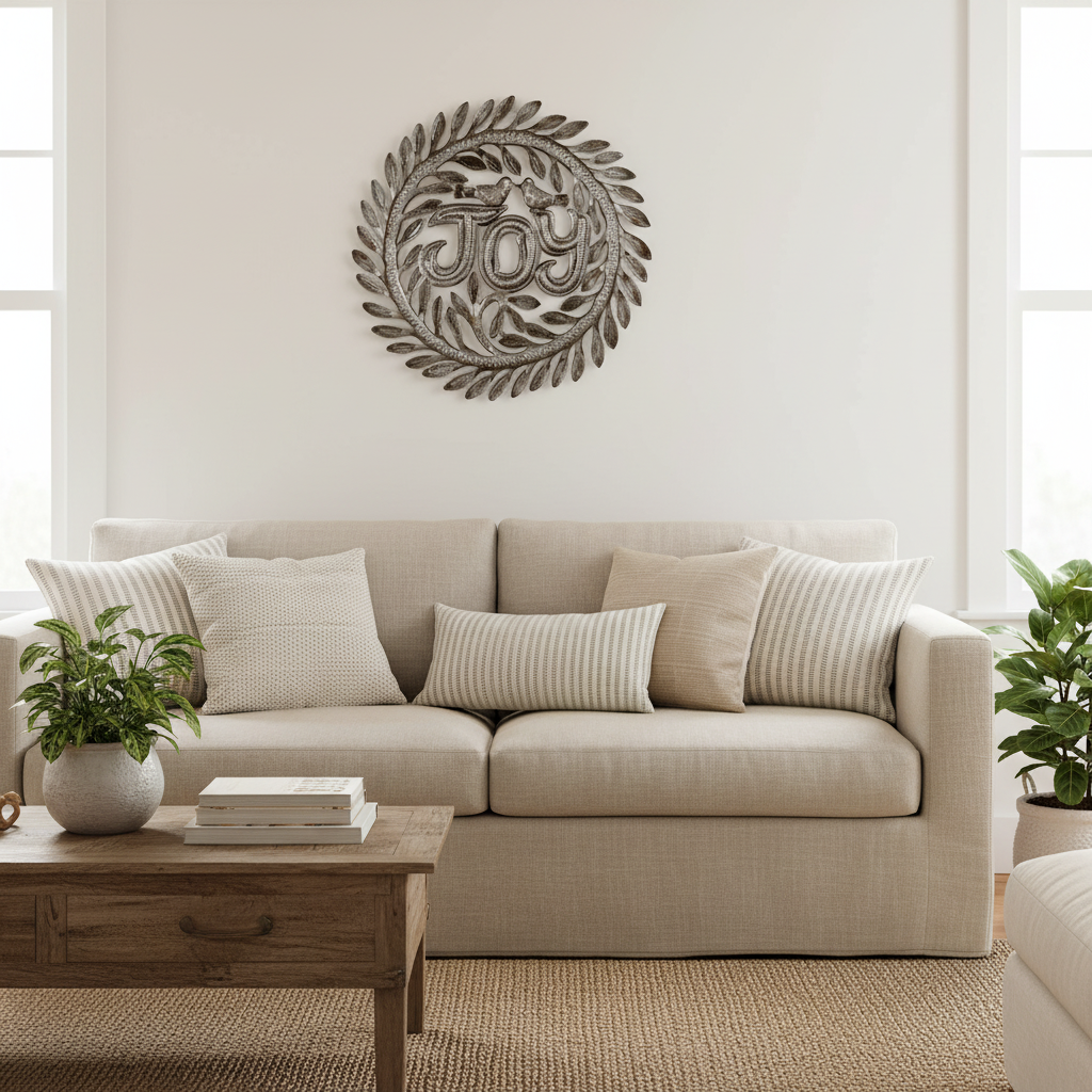 Simple Joy 14-inch round Haitian metal art wall decor hanging above a linen sofa in a coastal boho living room