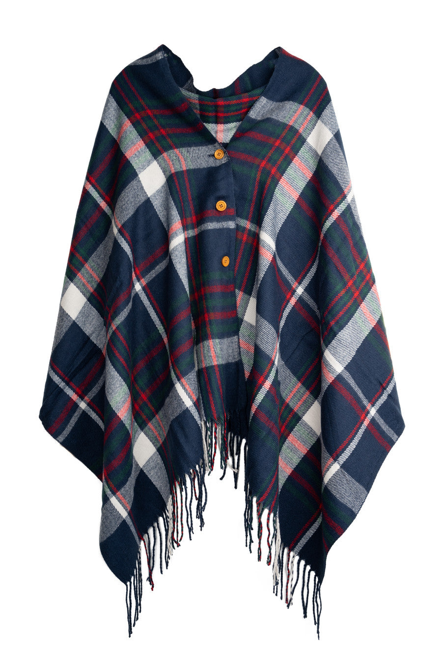 Plaid Tassel Buttoned Poncho - Navy